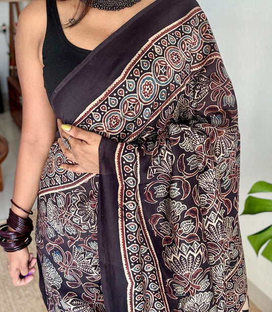 Black chanderi saree with ajrakh handblock print - YCTOKAJC342