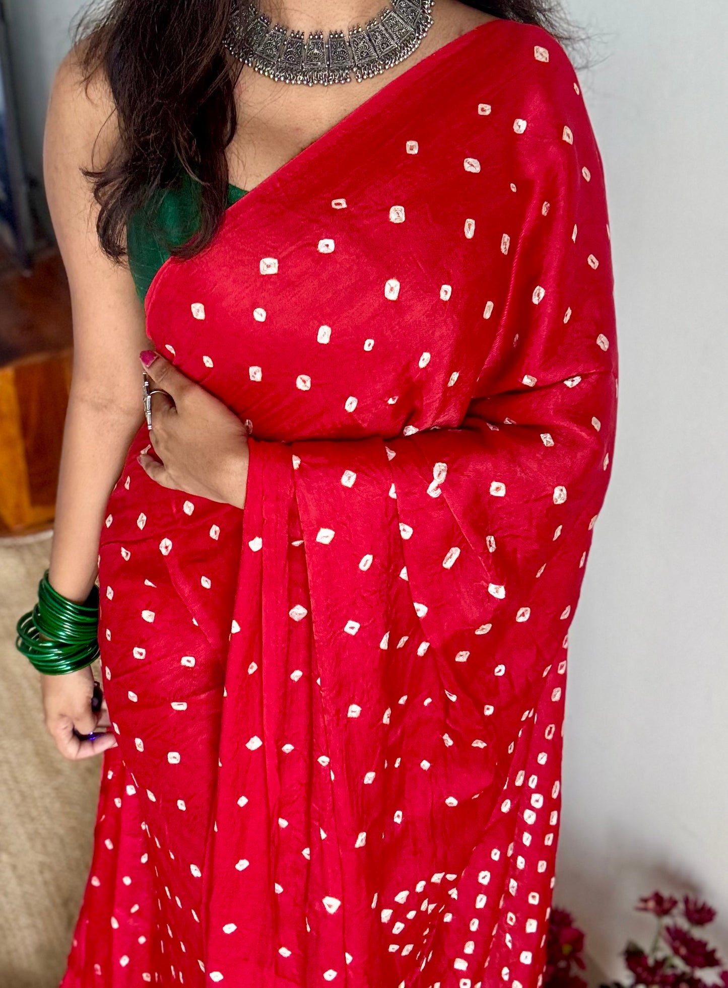 Red crushed bandhani modal silk with lagdi patta (zari pallu) - YCDESE28