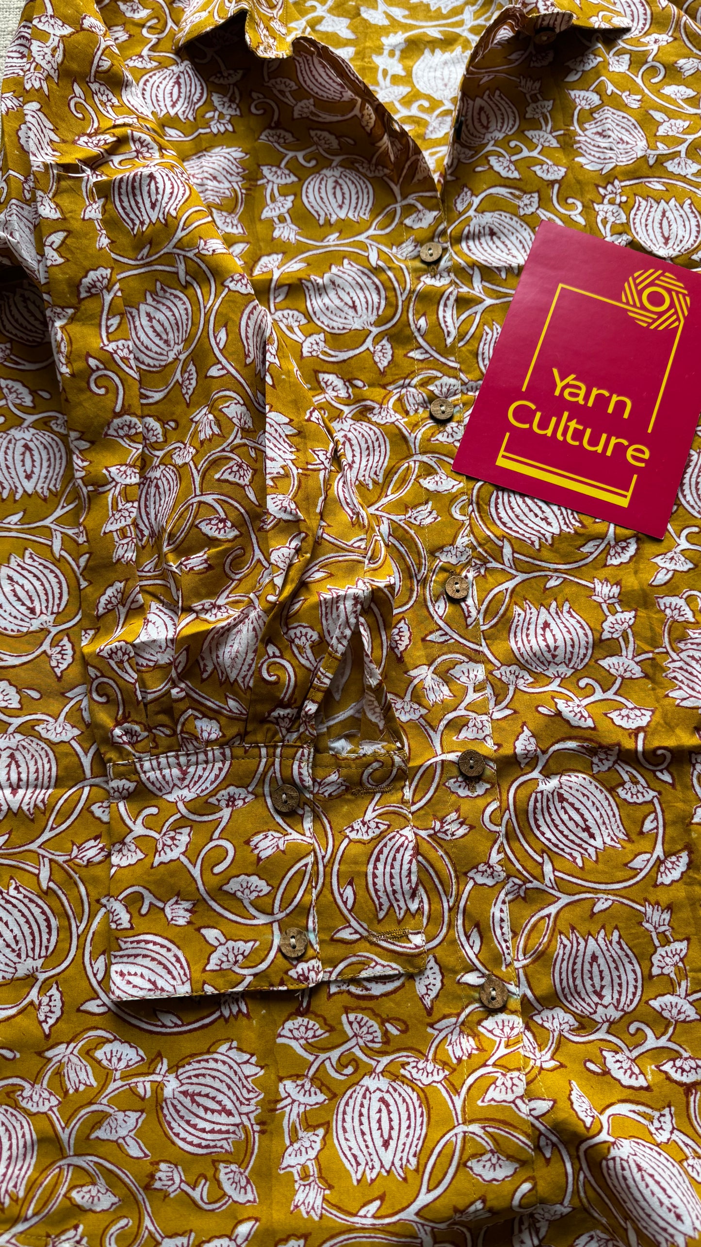 Yellow Bloom - blockprinted cotton stitched shirt, collared neck, full sleeves - YCSEBPSJA180