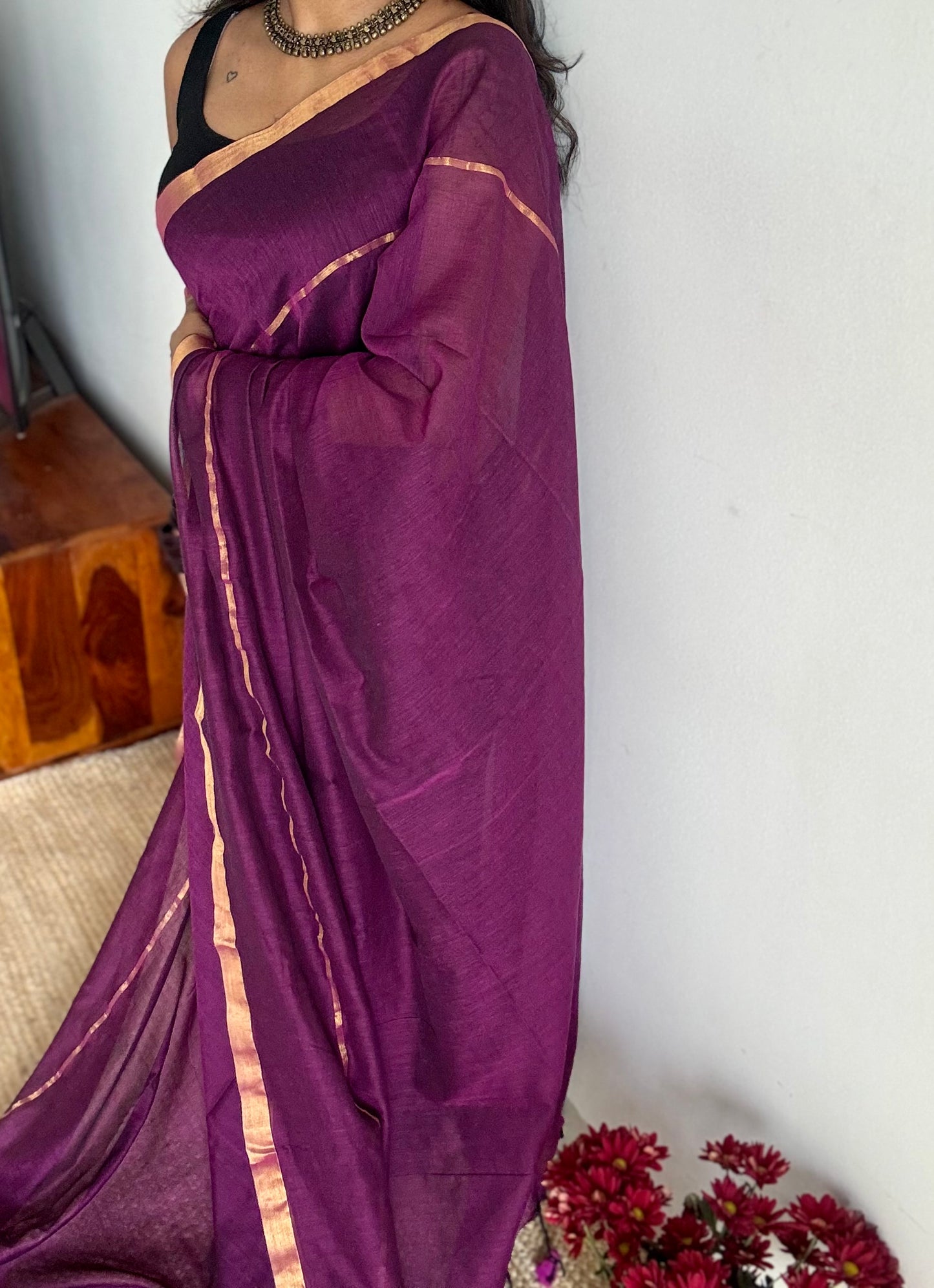 Purple pink mul, antique gold zari, gap border pattern - YCBCMCGZSE74