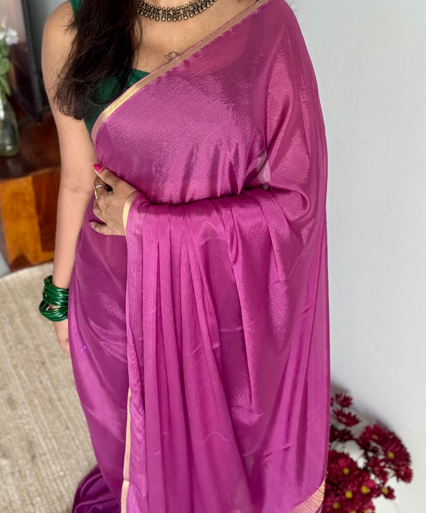 Dusty pink chiffon with thin gold zari border - YCDESE22