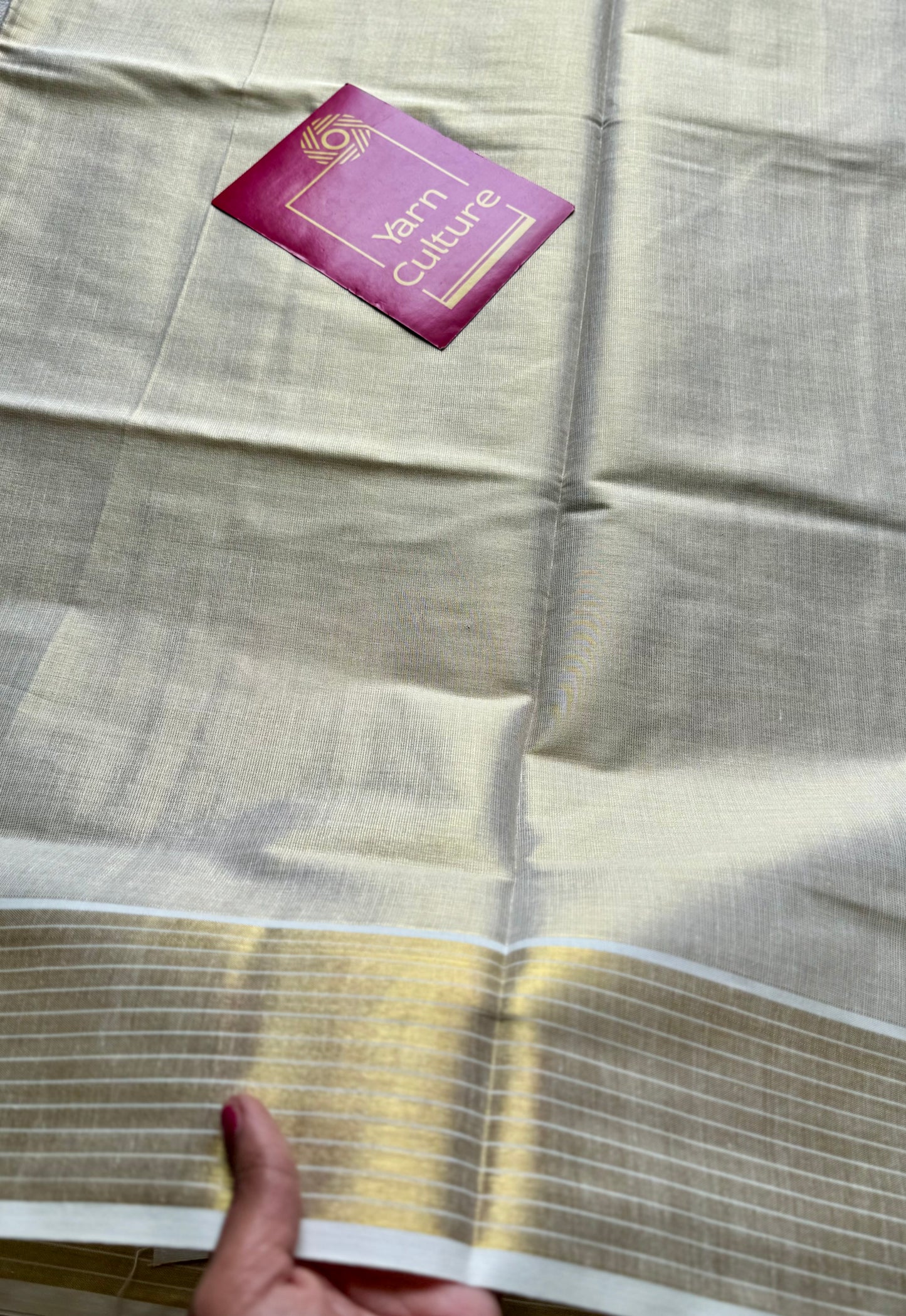 Ivory and gold tissue with striped border, kerala soft cotton - YCON25MC271