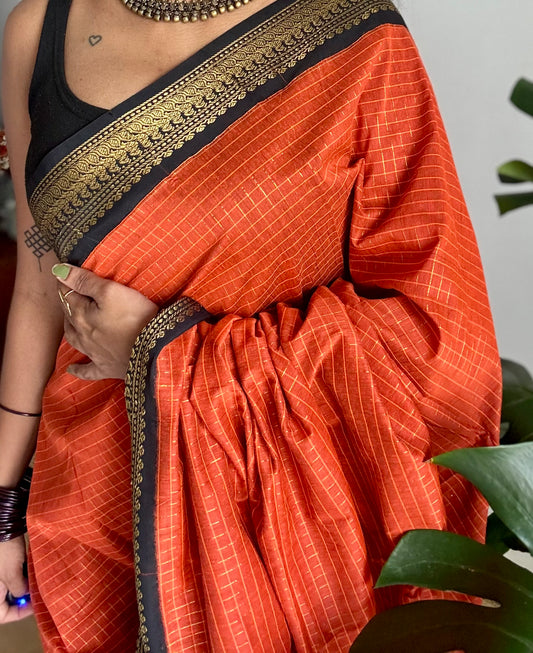 Orange with black, zari checkered saree, cotton silk - YCCOTNKCOC101