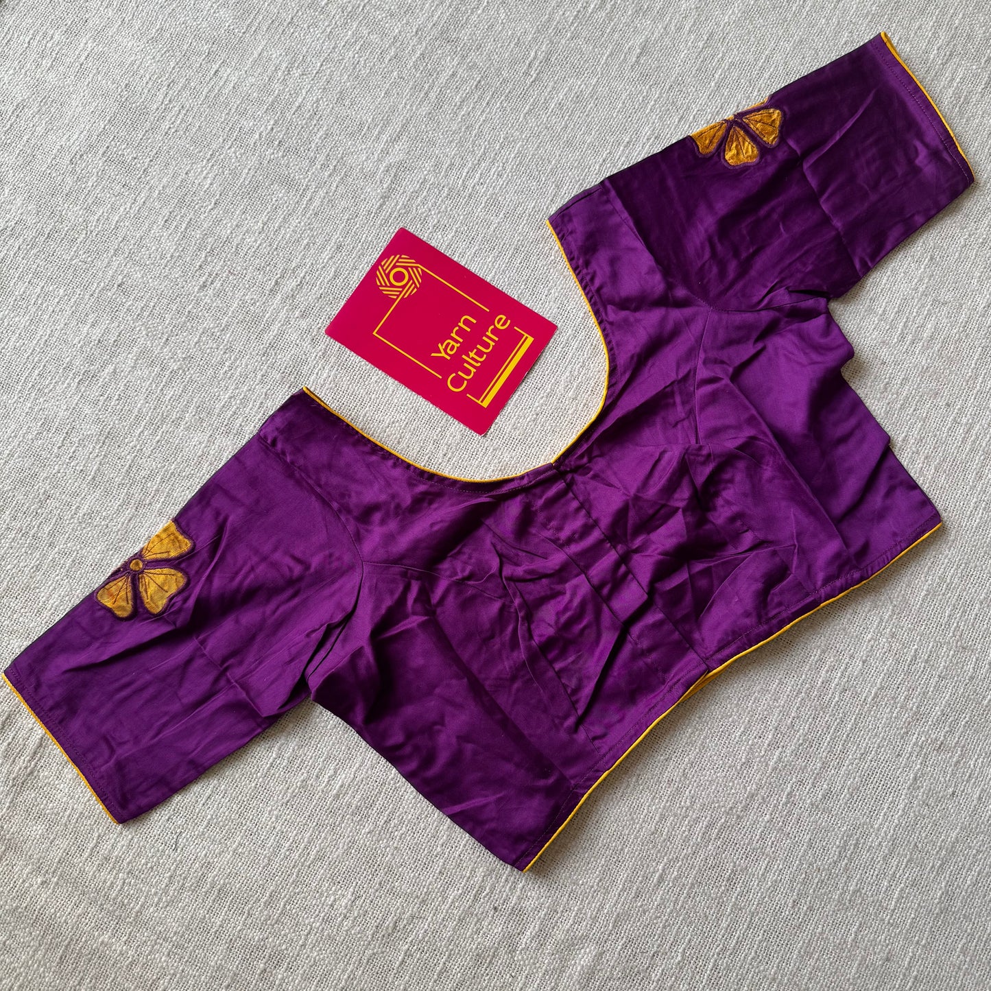 Purple with yellow floral embroidery, cotton silk, size 36 (alterable from 34-40), readymade blouse - YCBLAU02