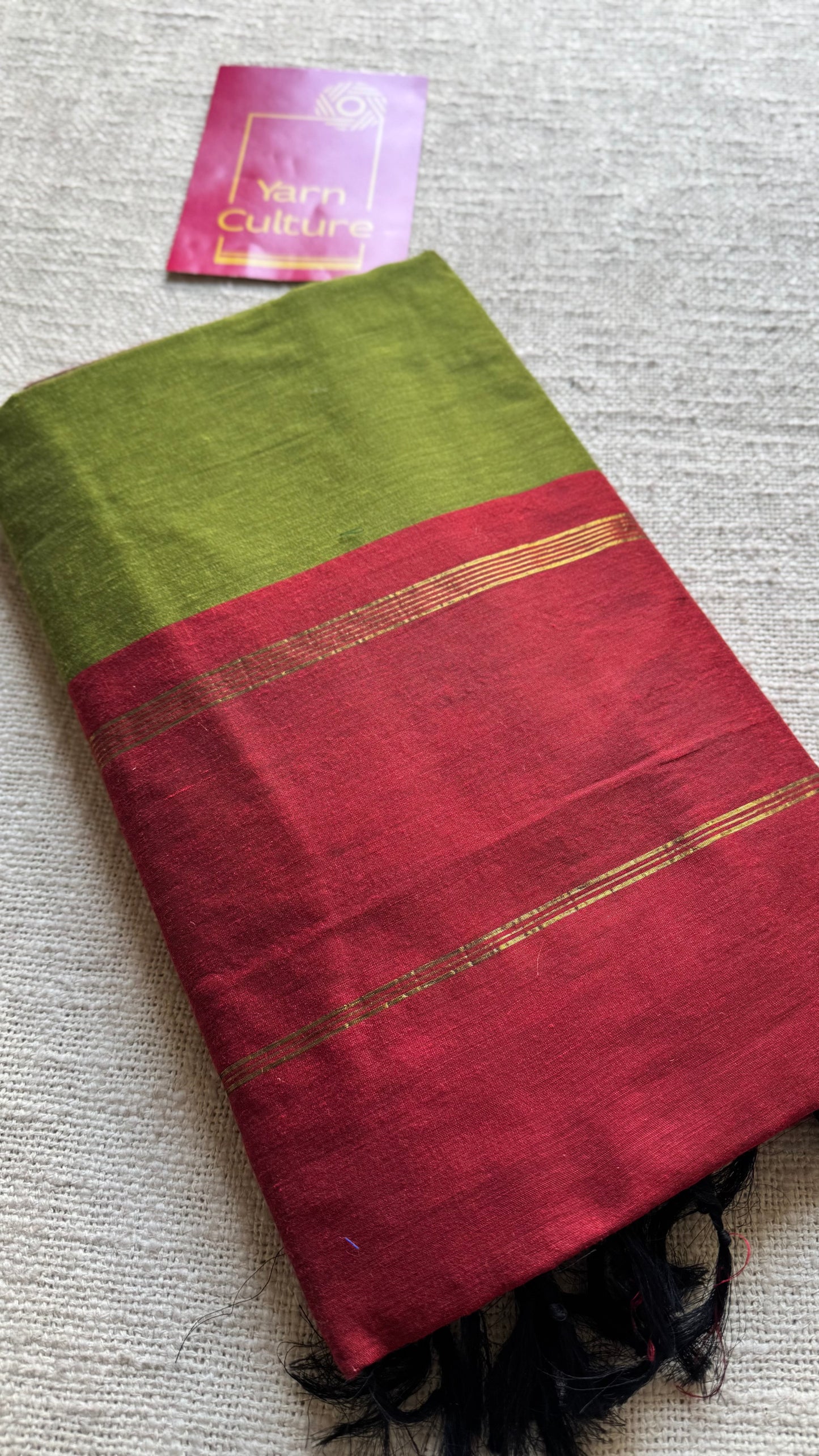 Parrot green with maroon temple border, cotton silk - YCCOTNCSDE98