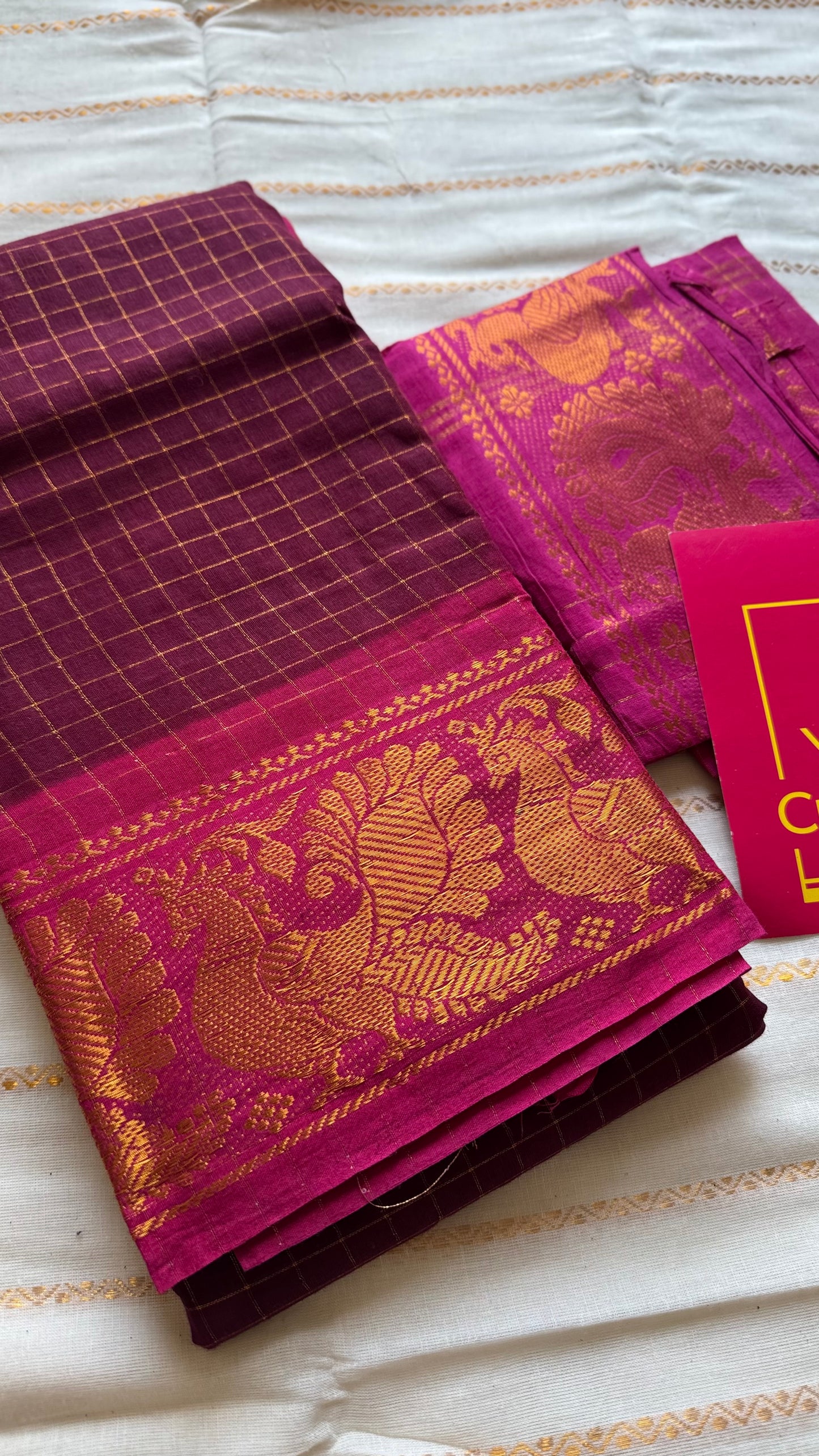 Maroon with hot pink contrast zari checkered sungudi, kattuchayam dyed madurai cotton - YCCOTNMSAP184