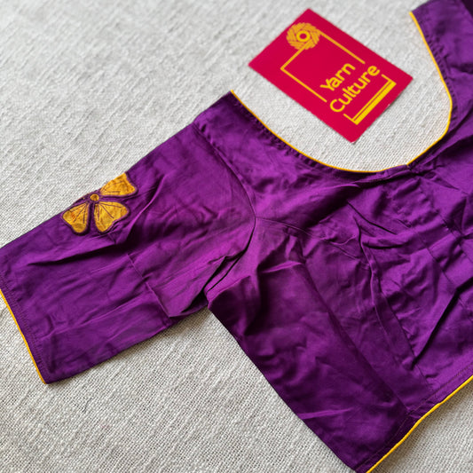 Purple with yellow floral embroidery, cotton silk, size 36 (alterable from 34-40), readymade blouse - YCBLAU02