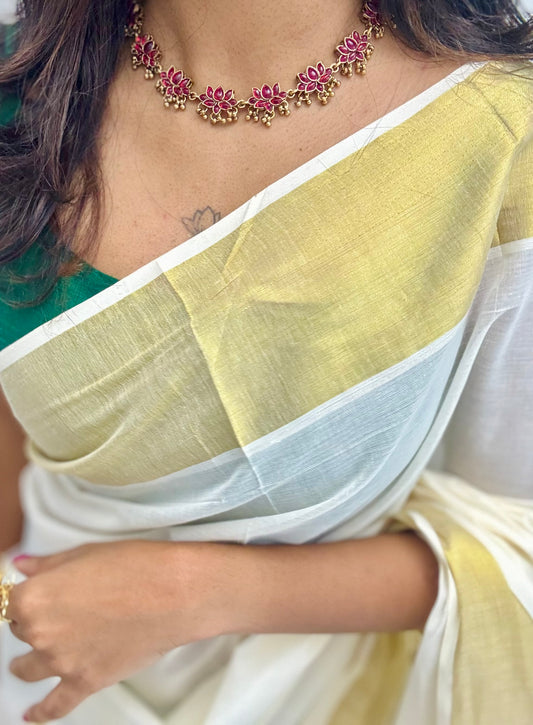 Dark pink lotus pendants with antique gold bead drops, necklace- YCAGC128