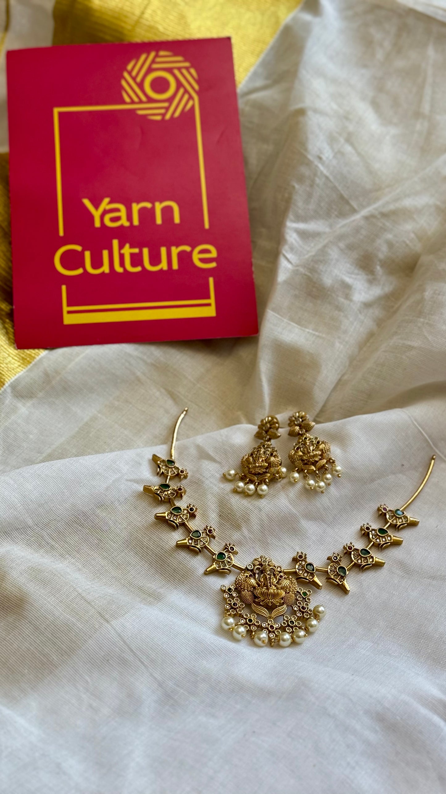 Green white ruby stones parrot hasli, Lakshmi pendant, with earrings - YCGPNP618