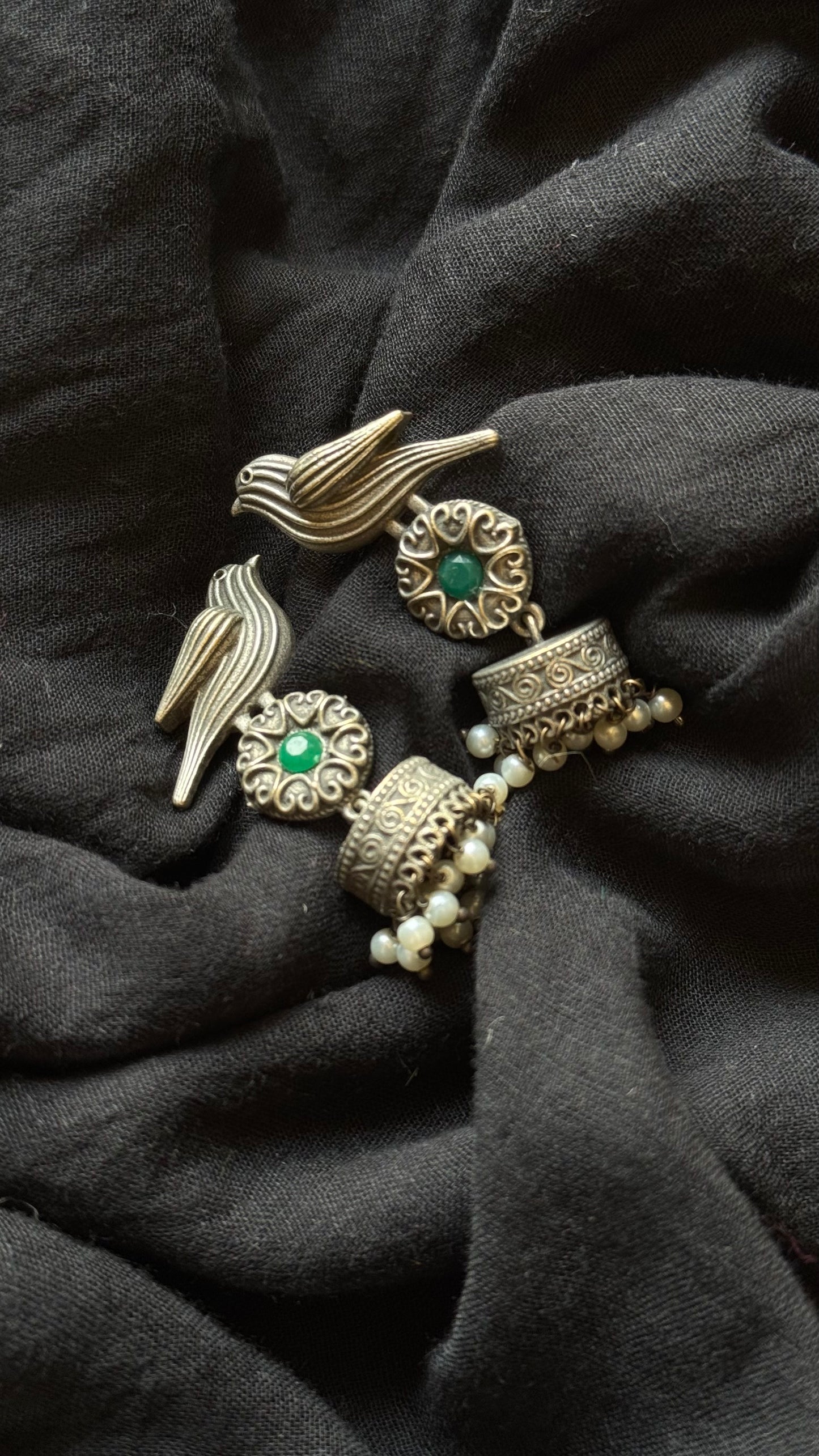 Bird Jhumka, green stone, black polished oxidised silver - YCOSEJ449
