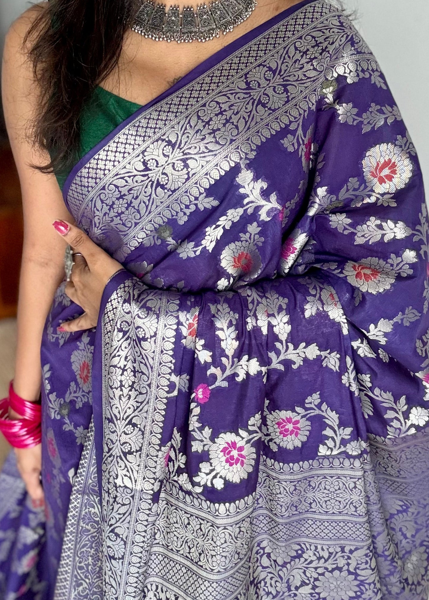 Dark blue meenakari floral pattern in silver zari, Banarasi katan dupion silk - YCDESE12
