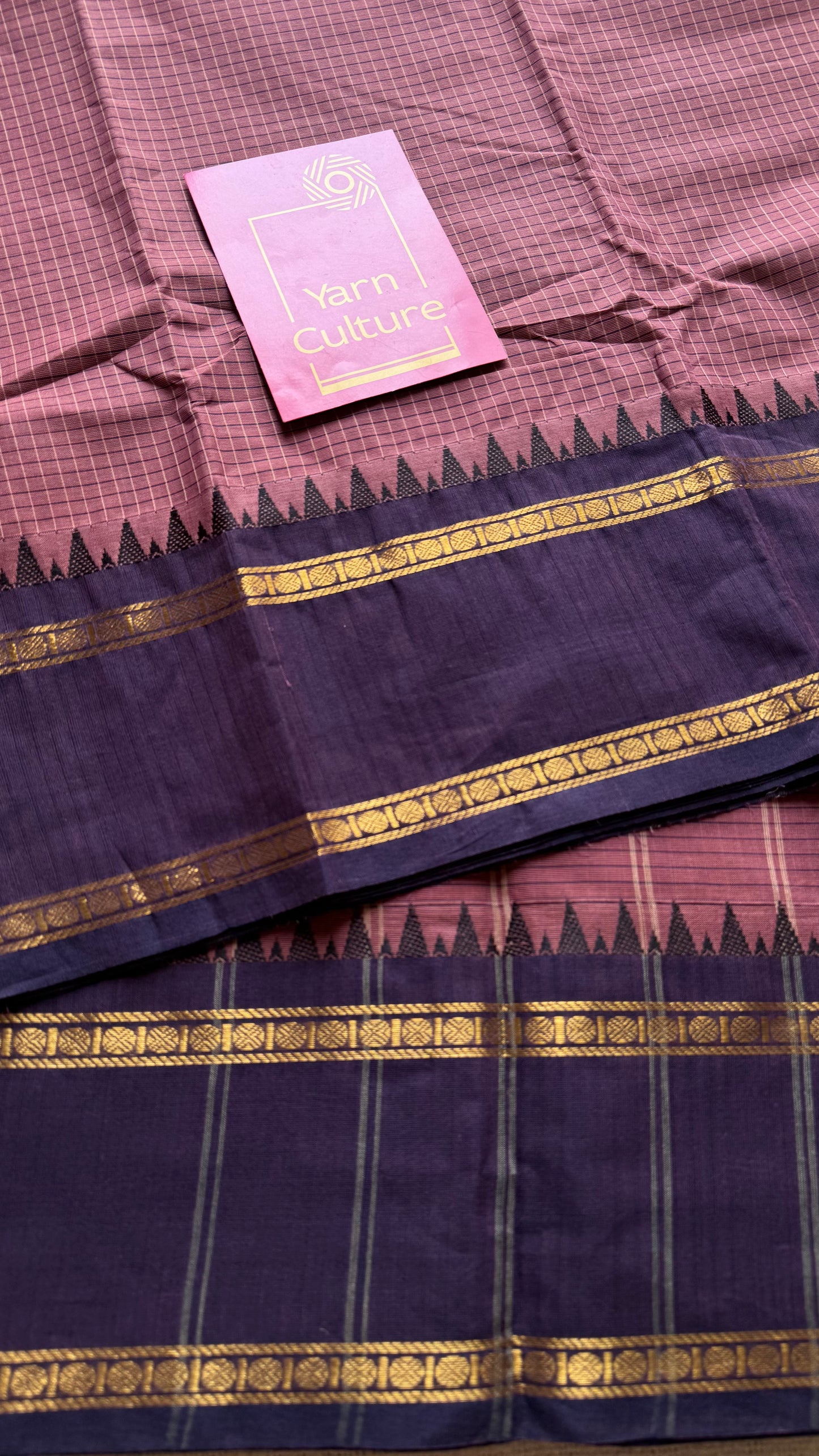 Dusty pink with deep purple border, temple motifs, checkered body, kanchi cotton - YCCOTNOCKC27
