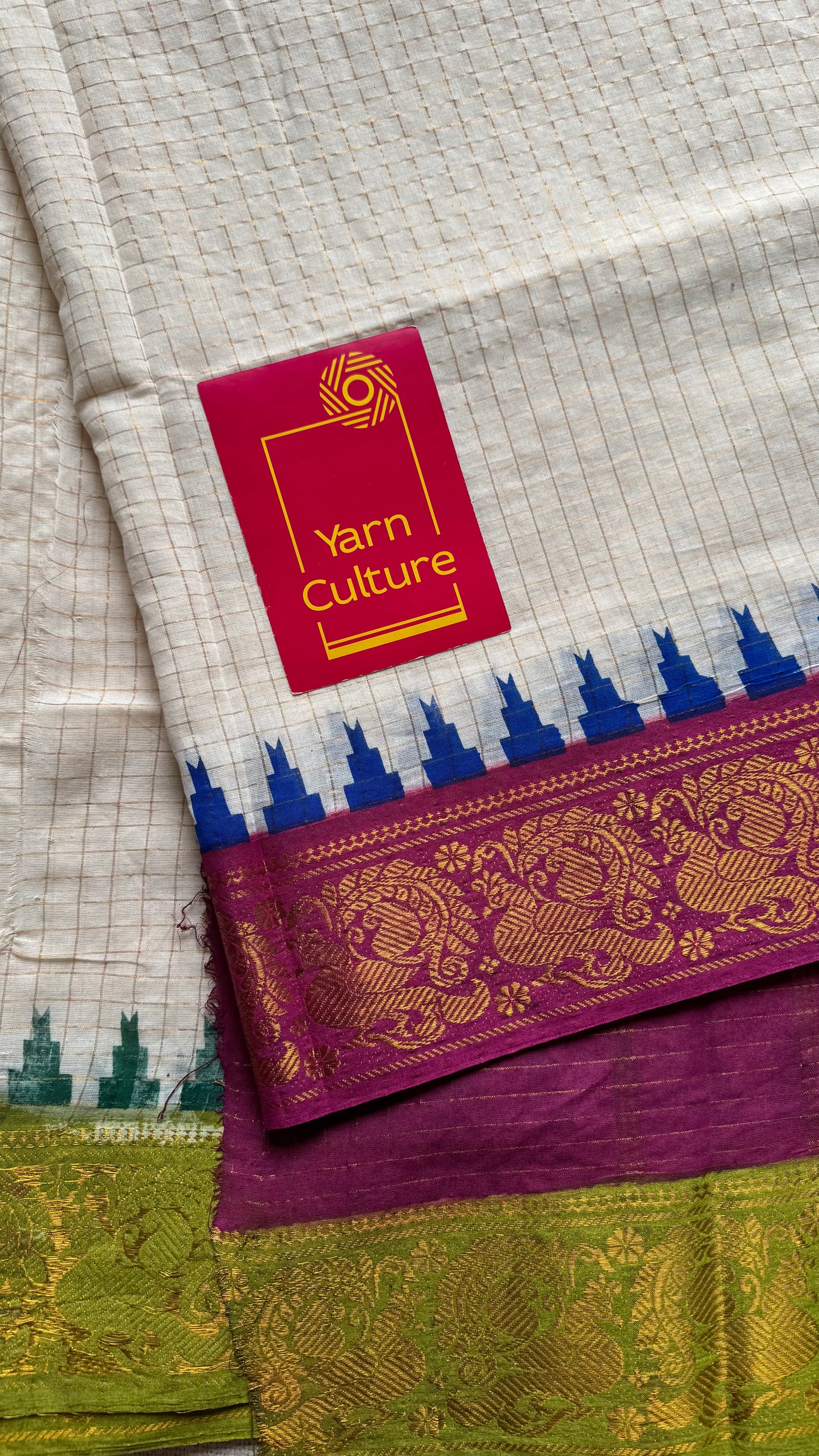 Sungudi cotton checks, ivory gold base, green and magenta dual tone border, soft cotton - YCCOTNSEMS60