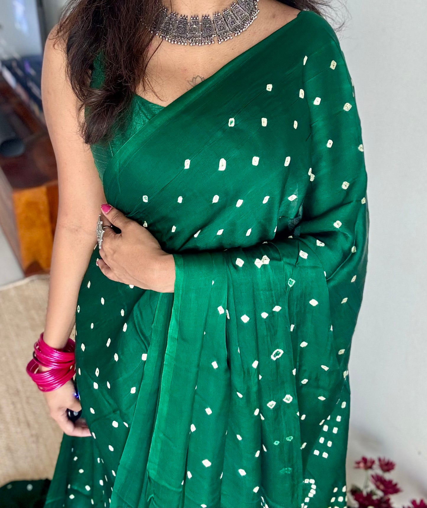 Green crushed bandhani modal silk with lagdi patta (zari pallu) - YCDESE30