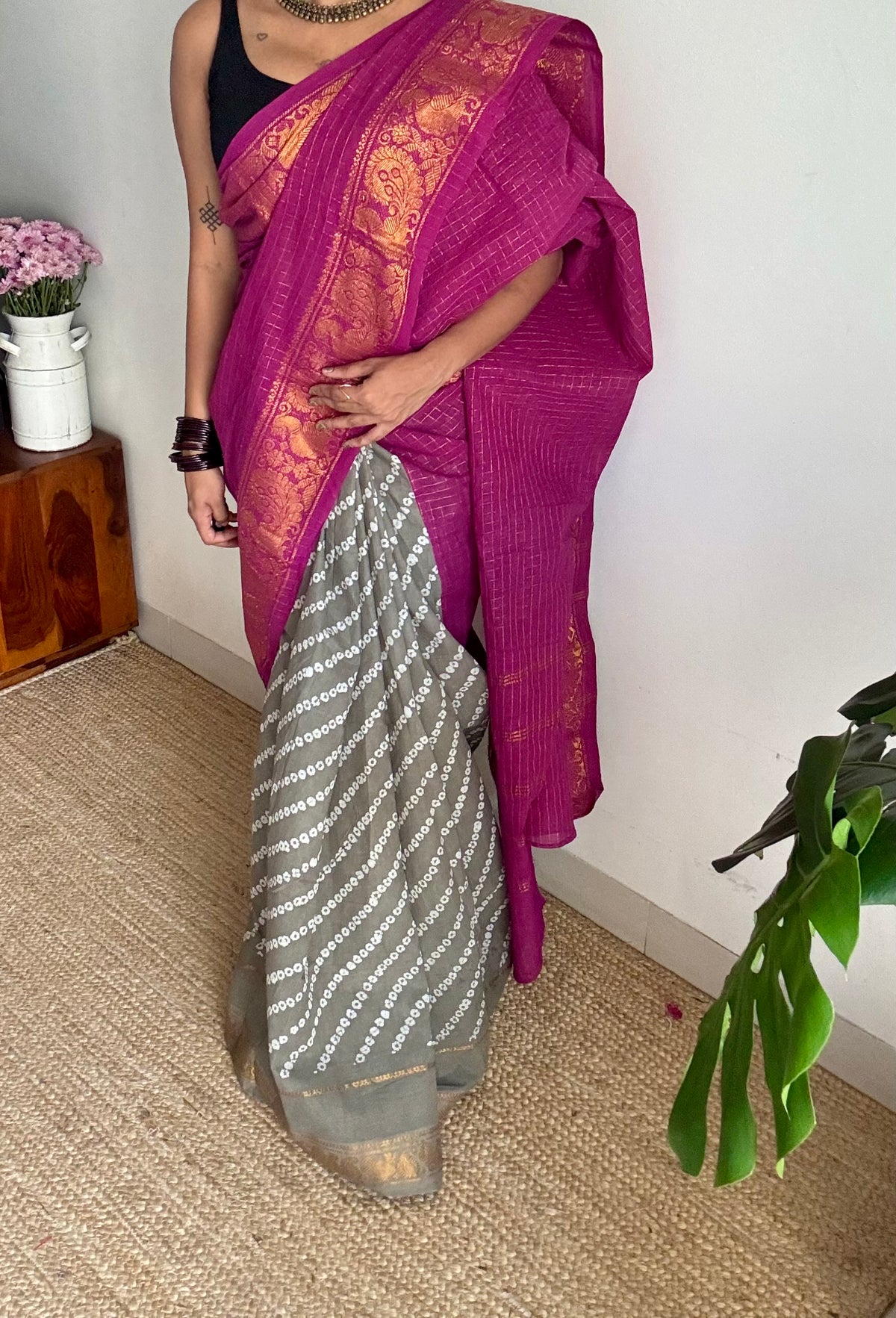 Purple pink (vadamalli) with grey, cotton half and half saree - YCCOTNIDOC145