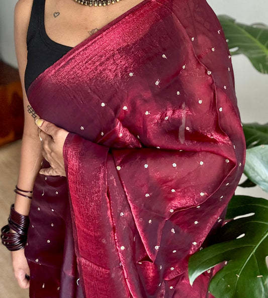 Metallic dual tone space silk saree, dark red with sequins - YCDOSOC48