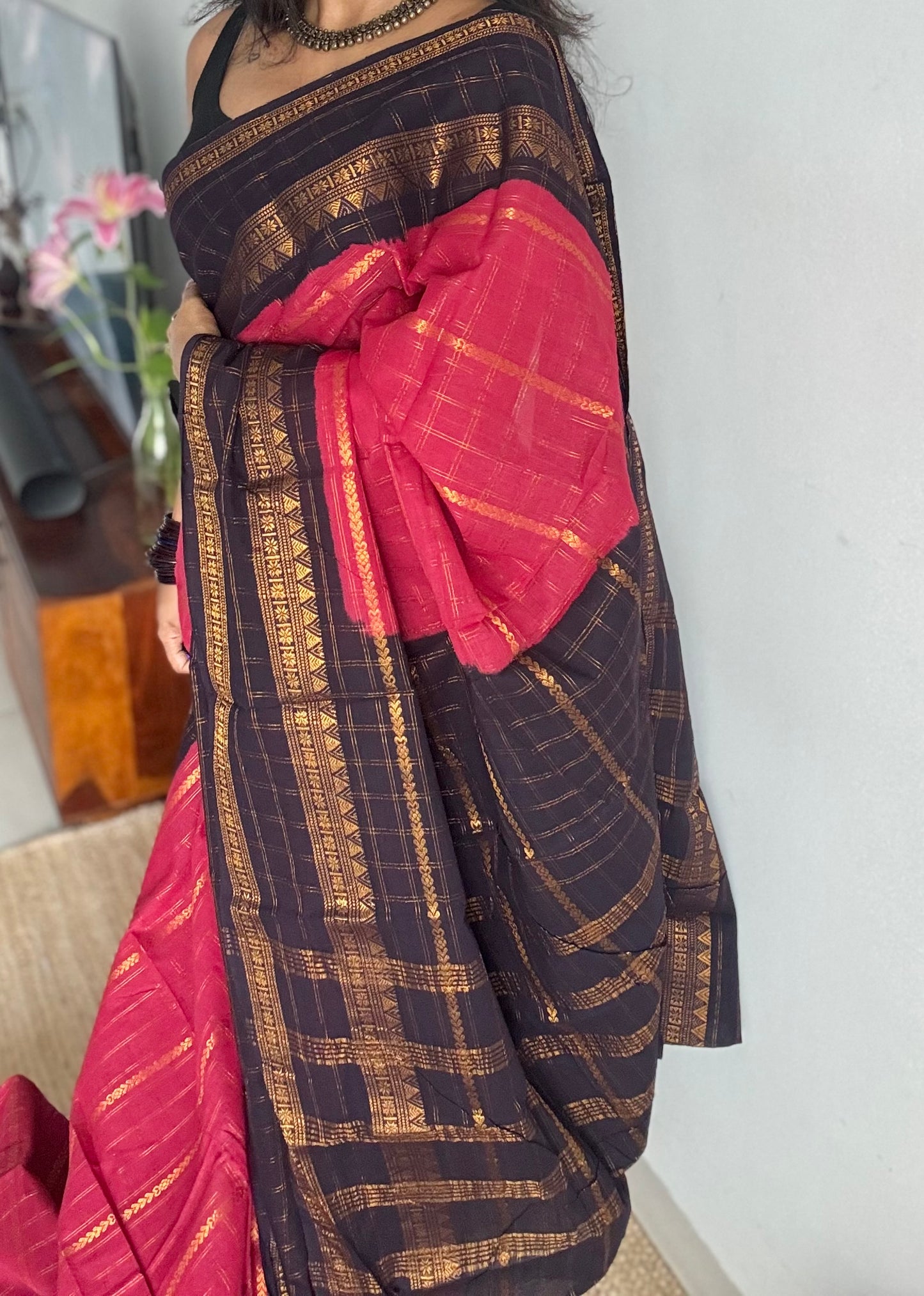 Pinkish red with dark blue, Adayar checks with velthaari pattern, madurai cotton - YCCOTNOCSC05