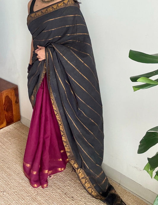 Black with purple pink (vadamalli), sungudi cotton half-half saree - YCCOTNIDOC21