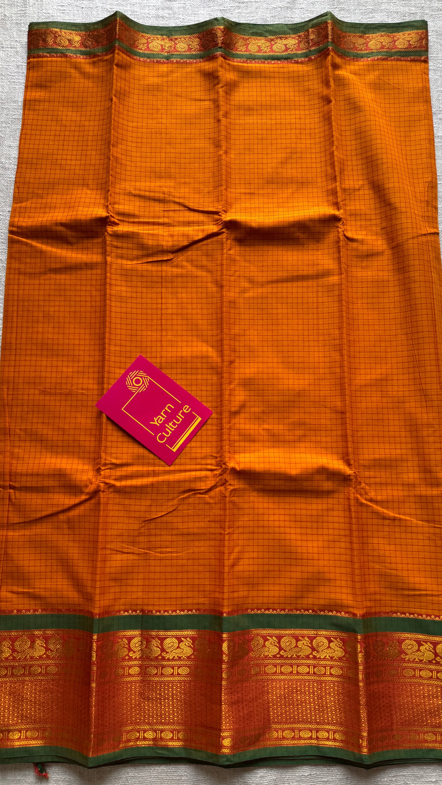 Yellowish orange checks with zari border, premium narayanpet, soft cotton - YCWOTDOCNP02