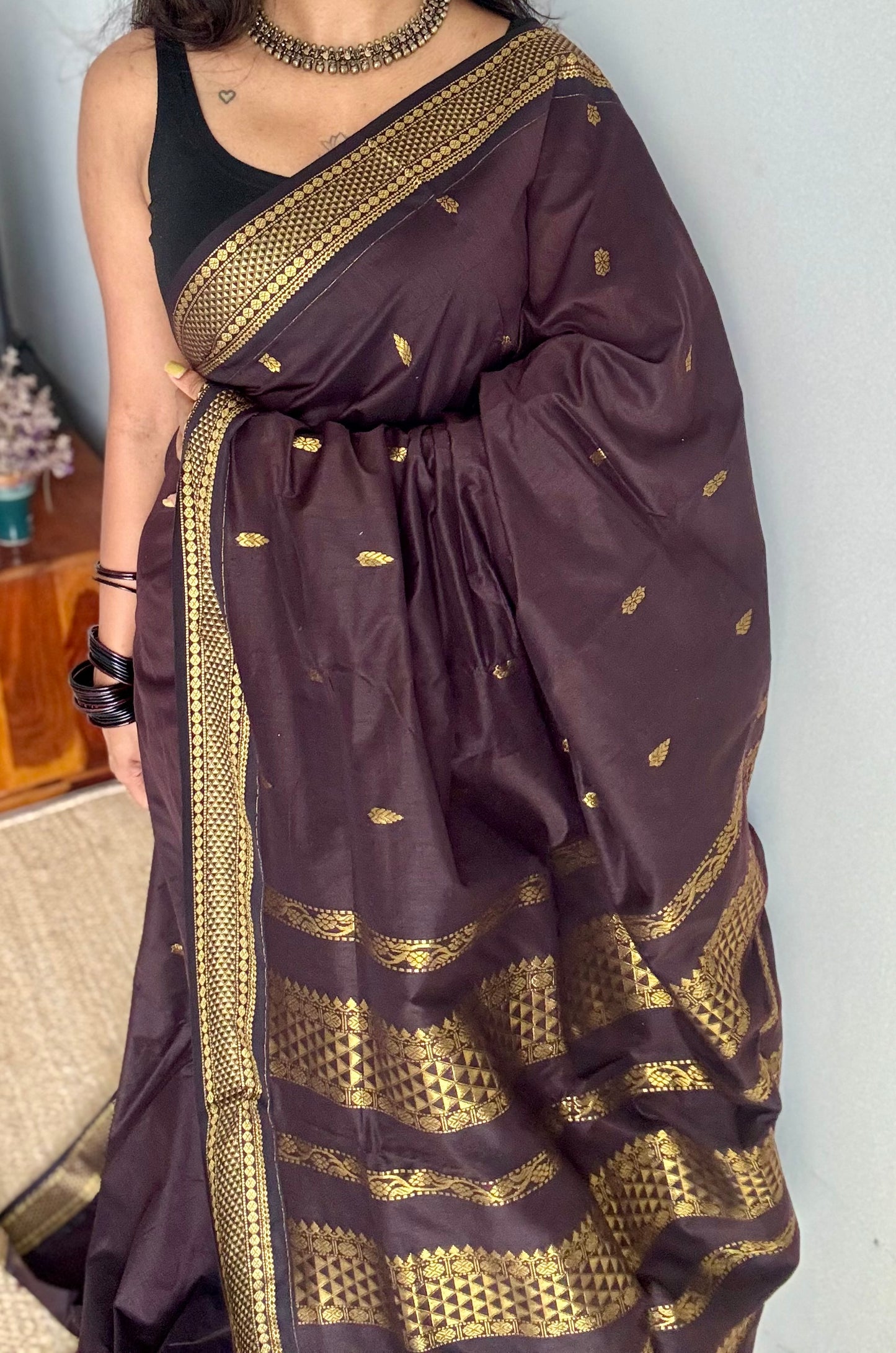 Brown with motif border - cotton silk - YCCOTNSEKCS19