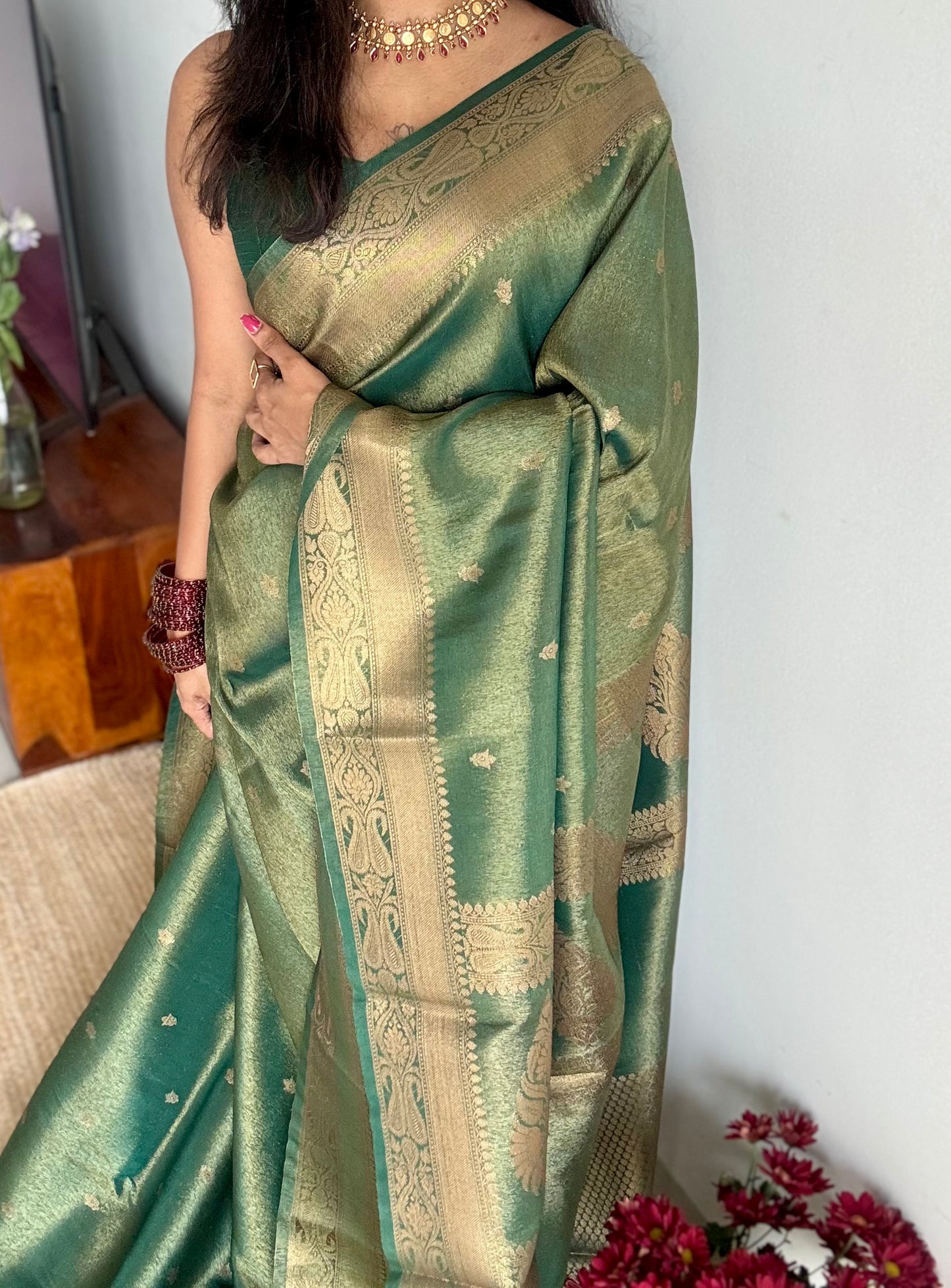 Green with gold dual tone, Banarasi semi-silk - YCDESE07