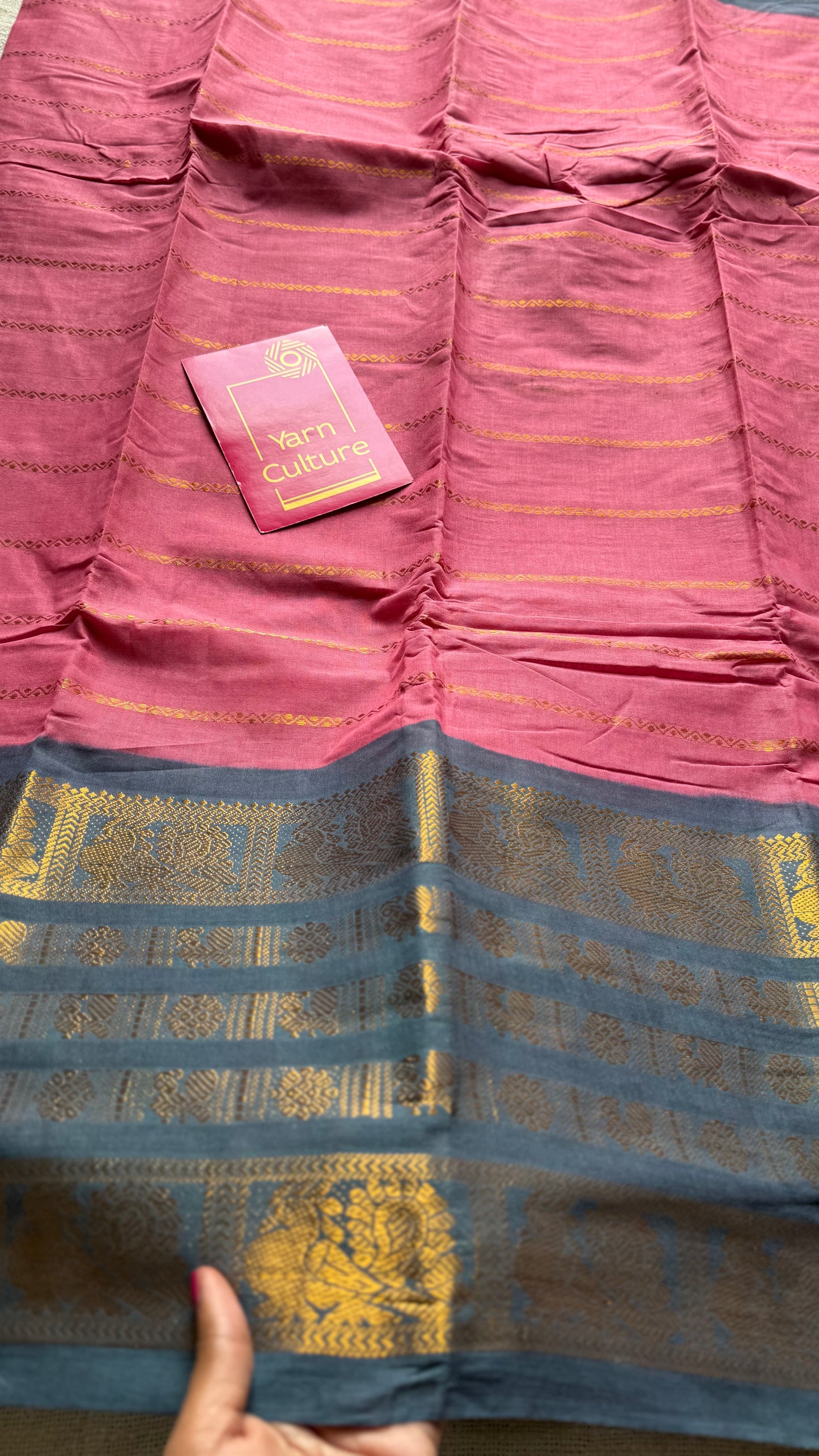 Pink with grey, peacock rudraksham motif, single side broad zari - madurai kattuchayam dyed - YCCOTNAUS32