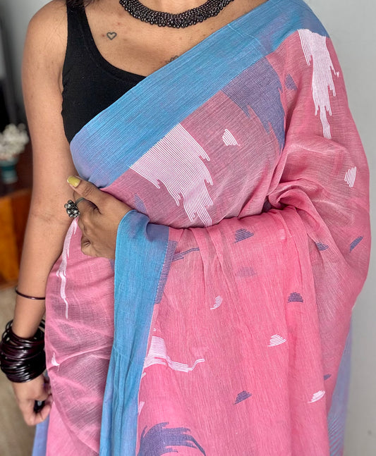 Peach pink with blue borders, temple motif woven threadwork, soft cotton - YCBCMKCDE31