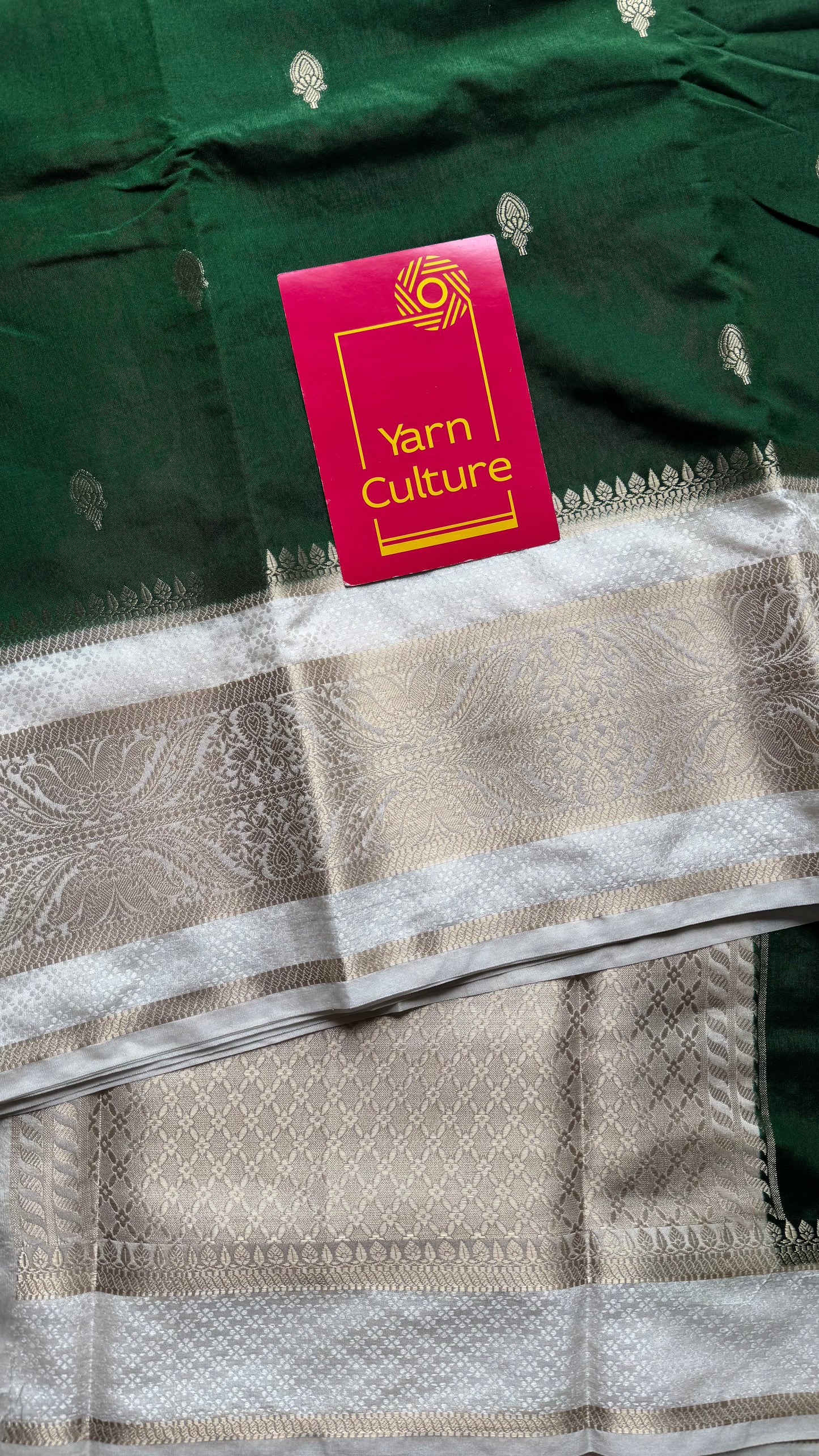 Dark green with cream border, Banarasi semi-silk - YCDESE01