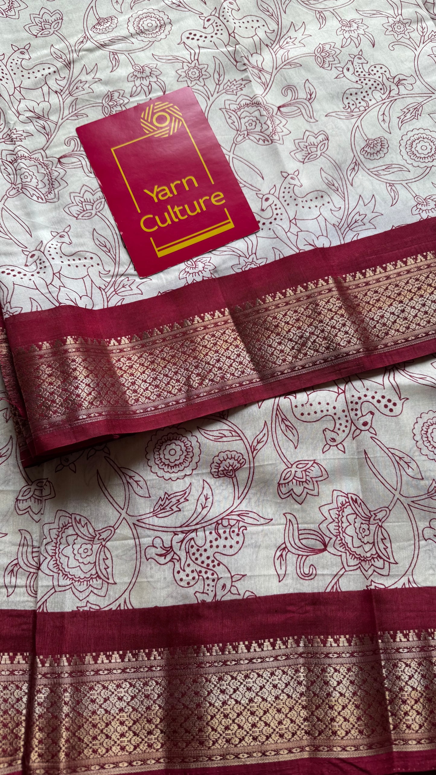 White and red contrast, printed kalamkari, semi-tussar - YCWOTDSTK01