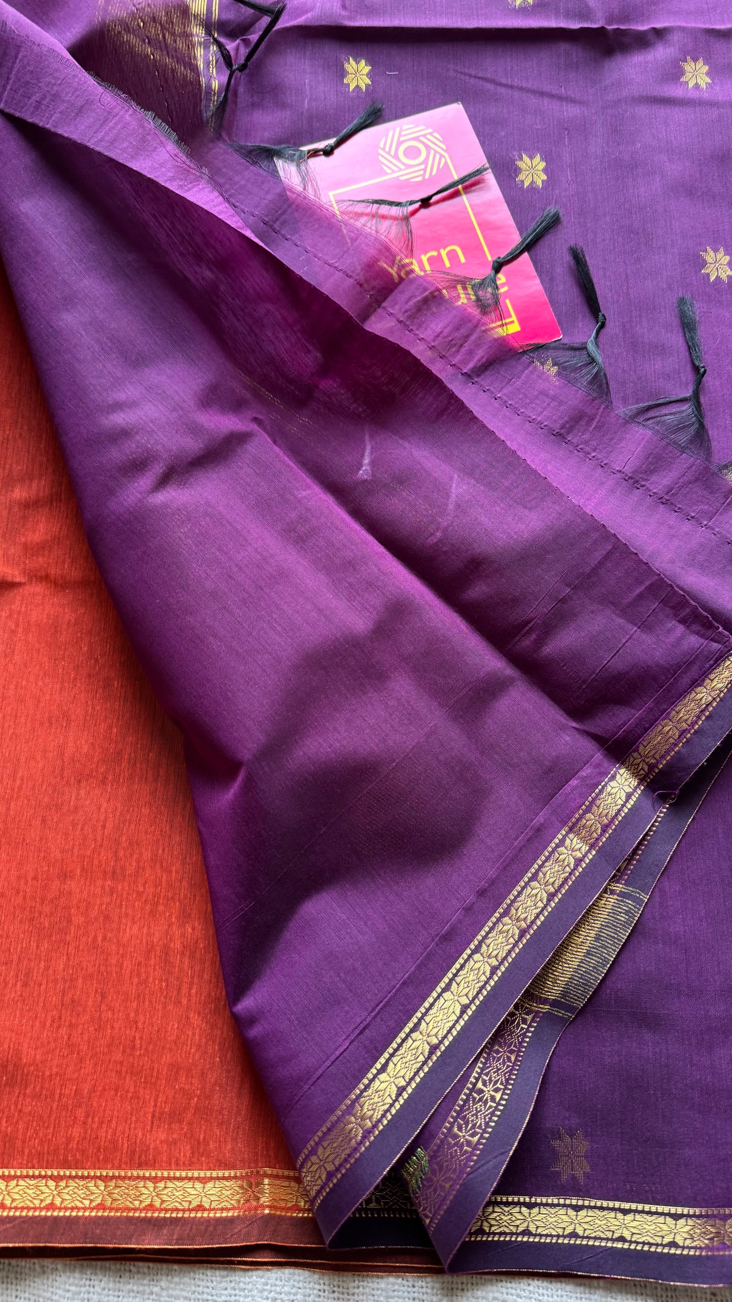 Orange with purple pink (vadamalli), gold buttas, semi maheshwari cotton silk - YCCOTNFEJUSM02