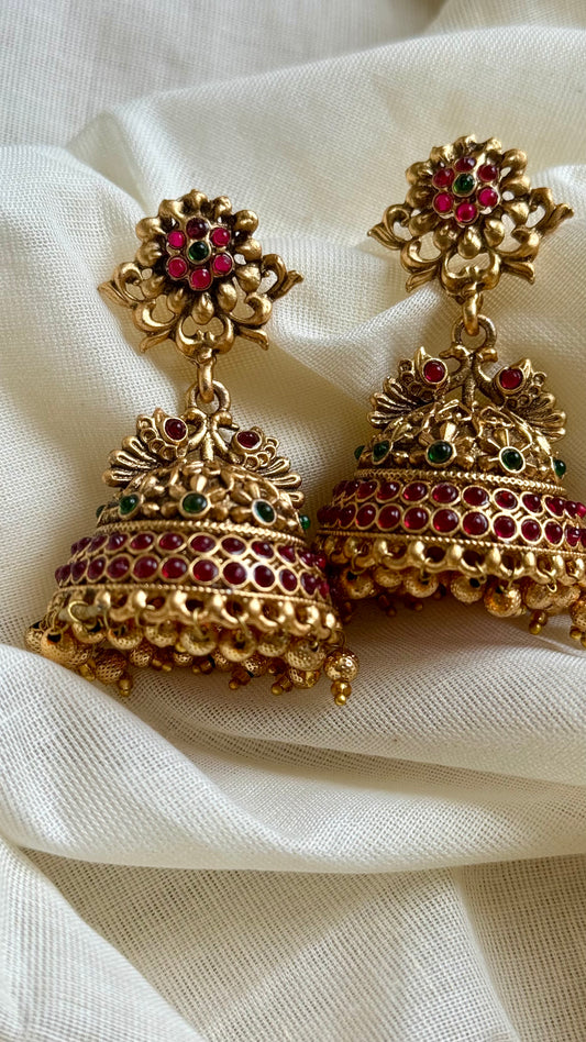 Dark pink and green stoned jhumka with gold bead drops, antique gold - YCAGJK96