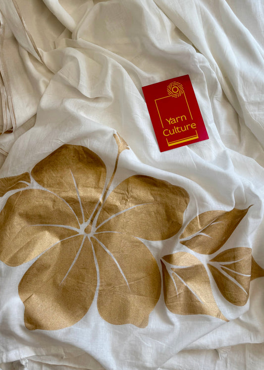 Ivory mul saree, statement floral painted pallu - YCIEON35