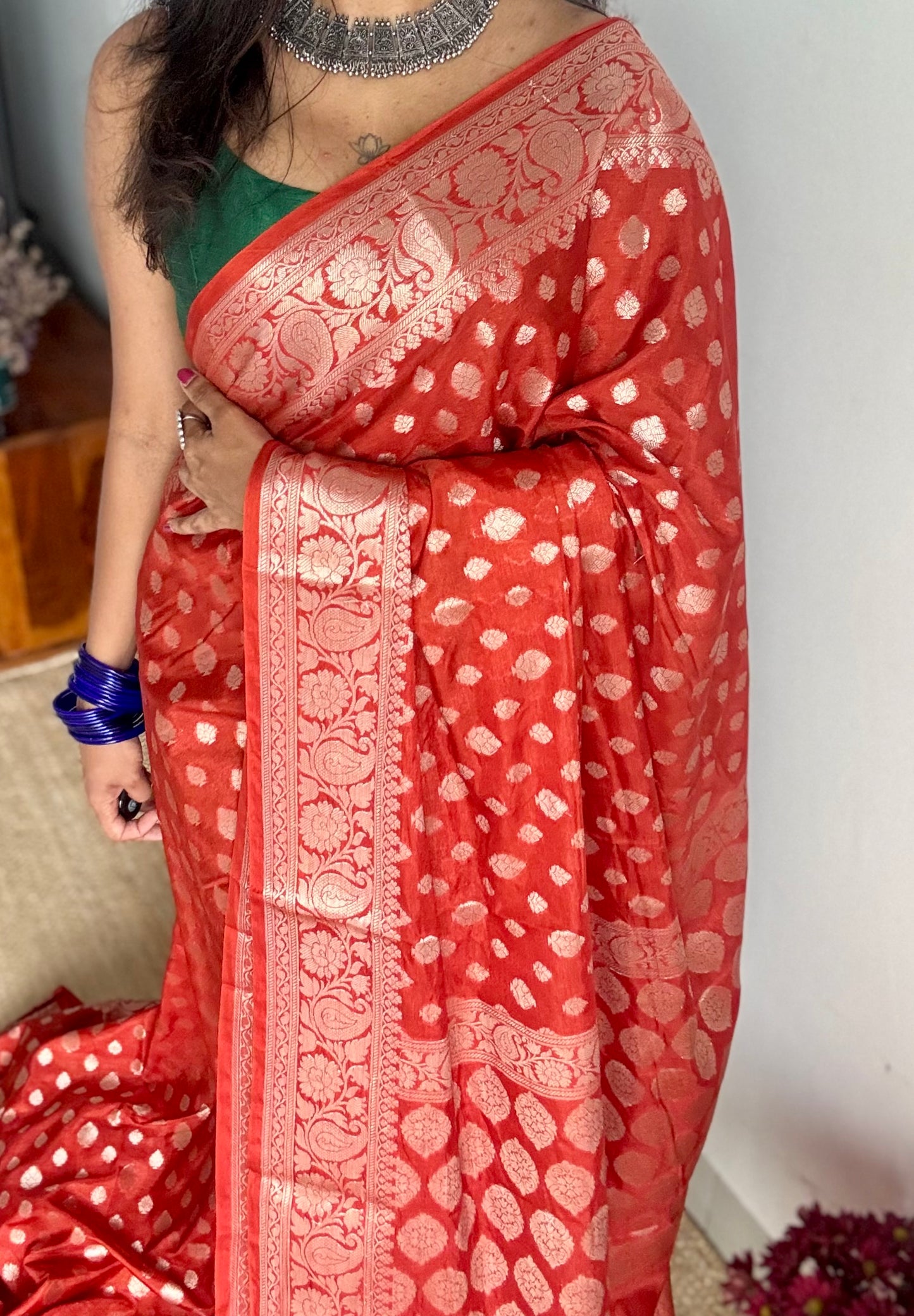 Burnt red, silver buttas and zari, Banarasi semi-silk - YCDESE36