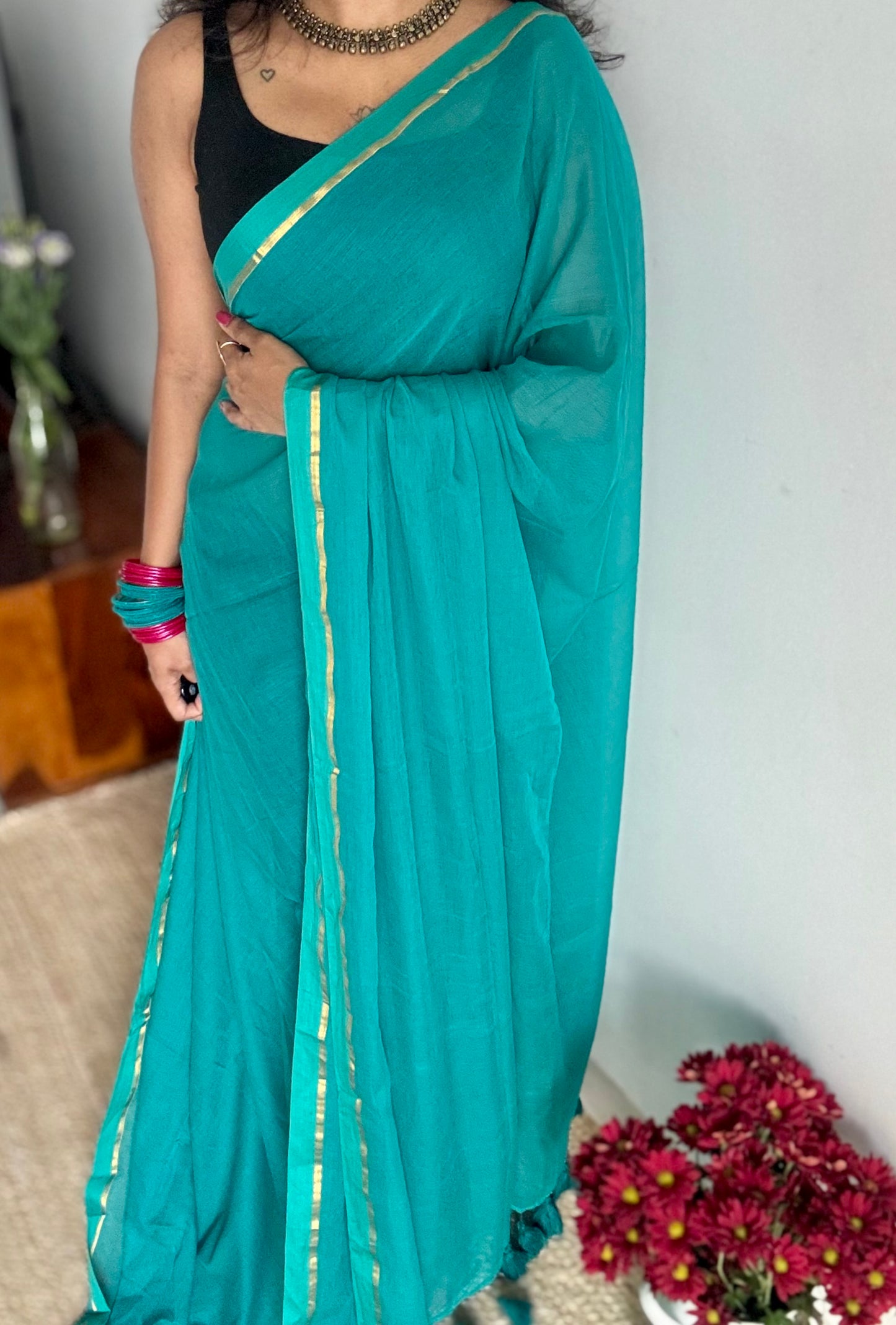Cyan blue mul, thin antique gold zari gap border - YCBCMCLSE42