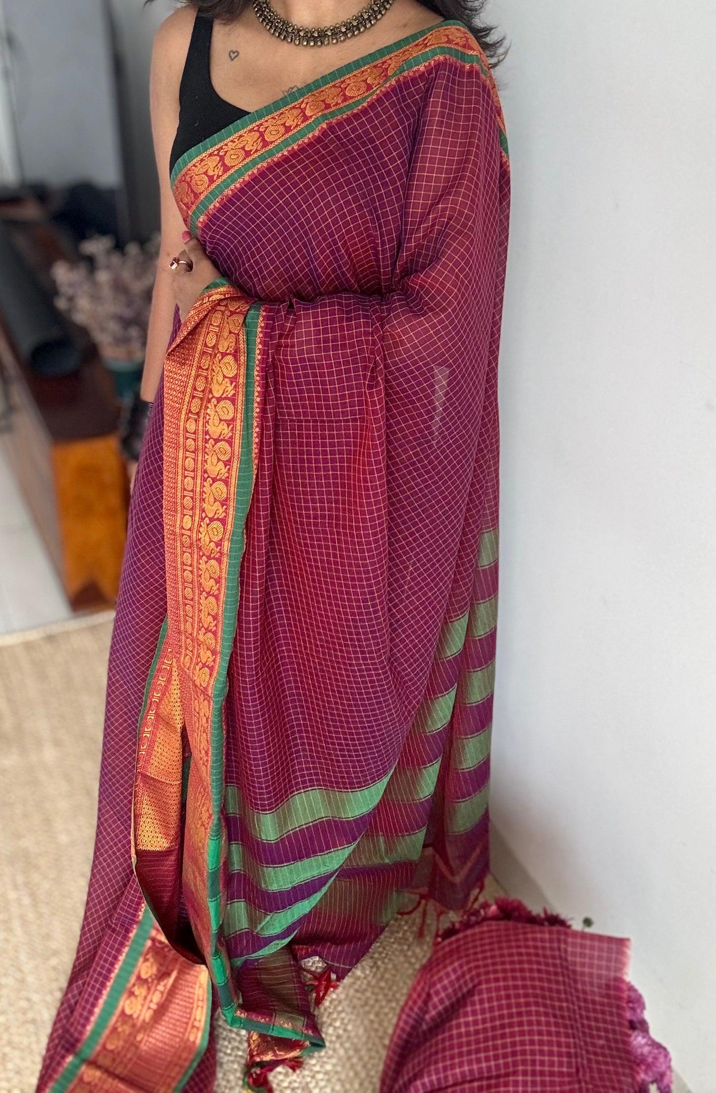 Purple pink (vadamalli) checks with zari border, premium narayanpet, soft cotton - YCWOTDFEBB14