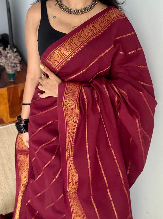 Maroon patterned veldhaari, kattuchayam dyed, madurai cotton - YCCOTNSEMS87