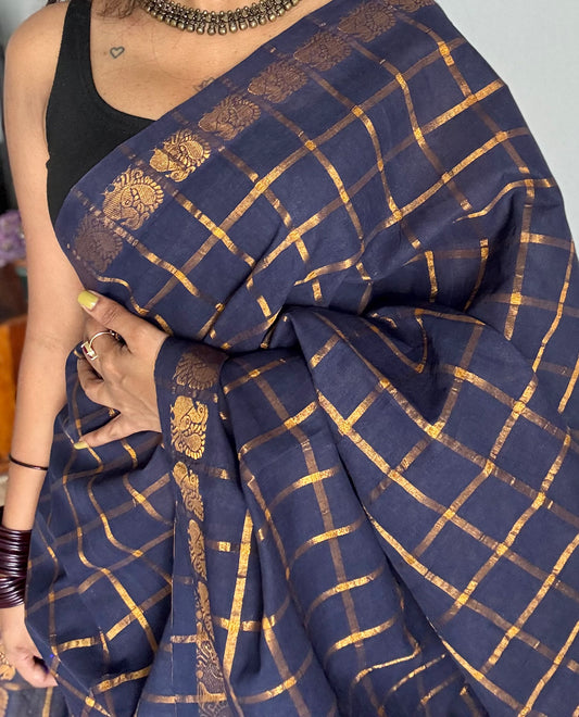 Dark blue pavithra kattam kattuchayam dyed madurai cotton saree - YCCOTNMSFE123