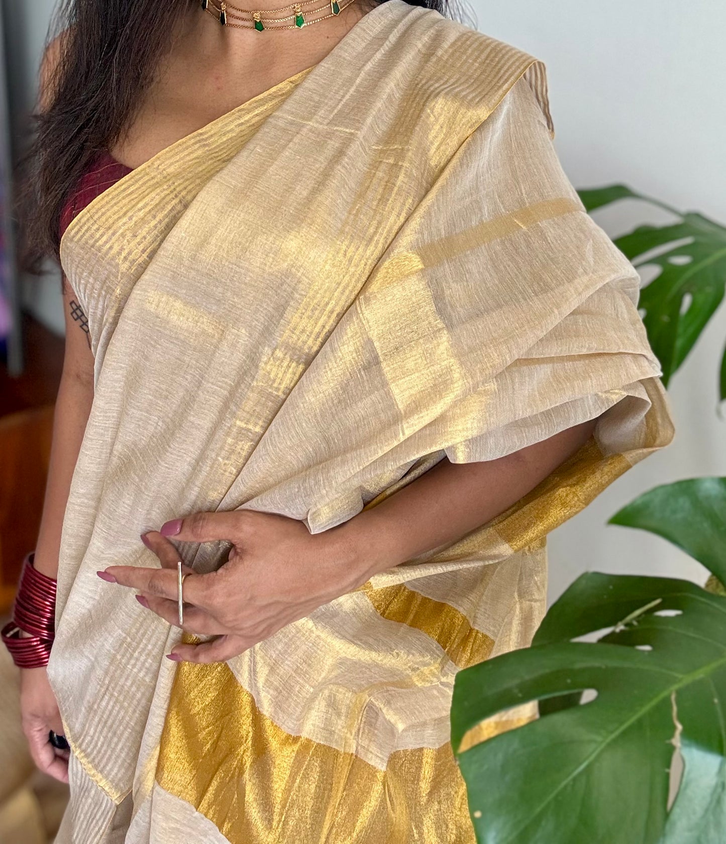 Gold mul tissue saree, gold stripes - YCIEON06