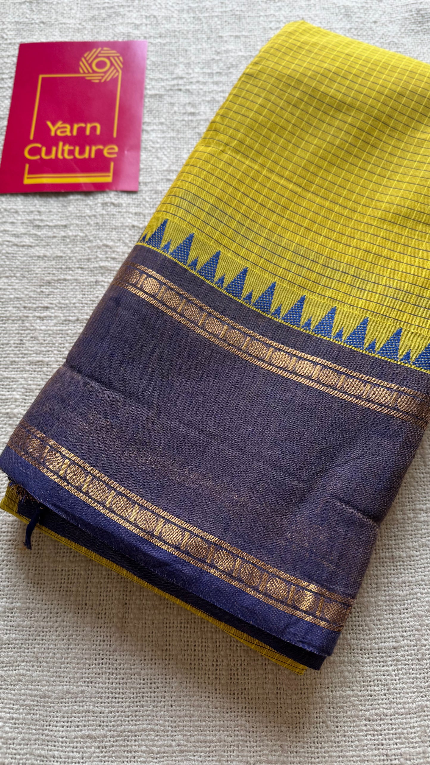 Ginger green with deep purple border, temple motifs, checkered body, kanchi cotton - YCCOTNOCKC28