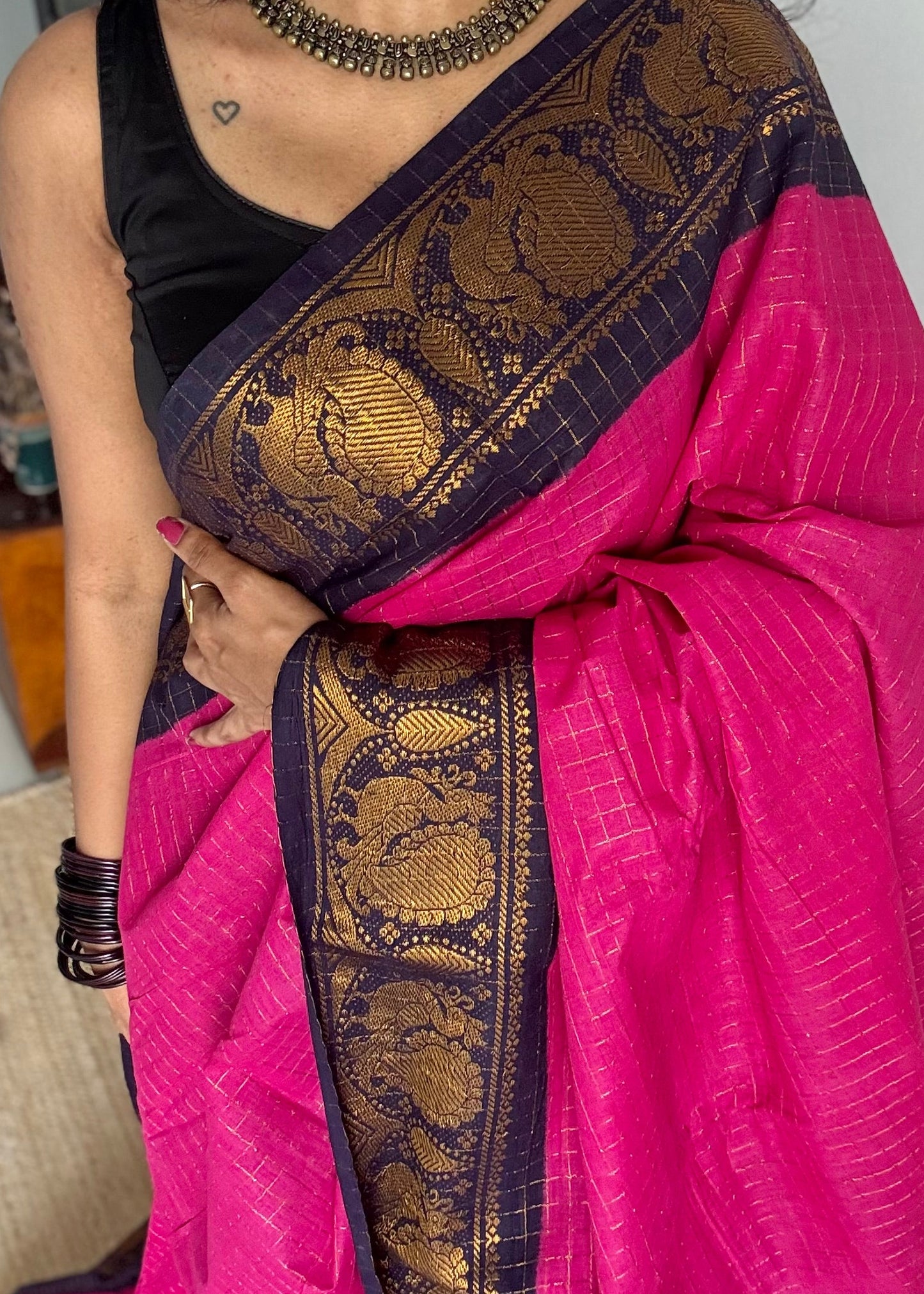 Dark hot pink with dark blue checkered sungudi, madurai cotton - YCCOTNOCSC22