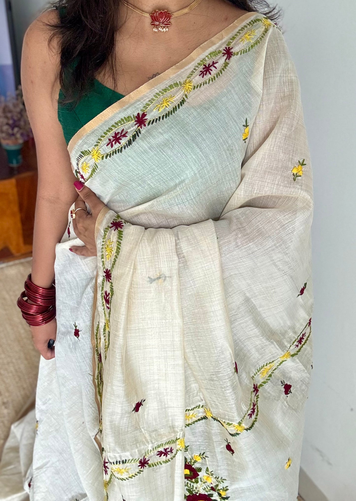 Ivory maheshwari cotton silk blend with deep maroon and light yellow floral kantha threadwork - YCBLJULMK06