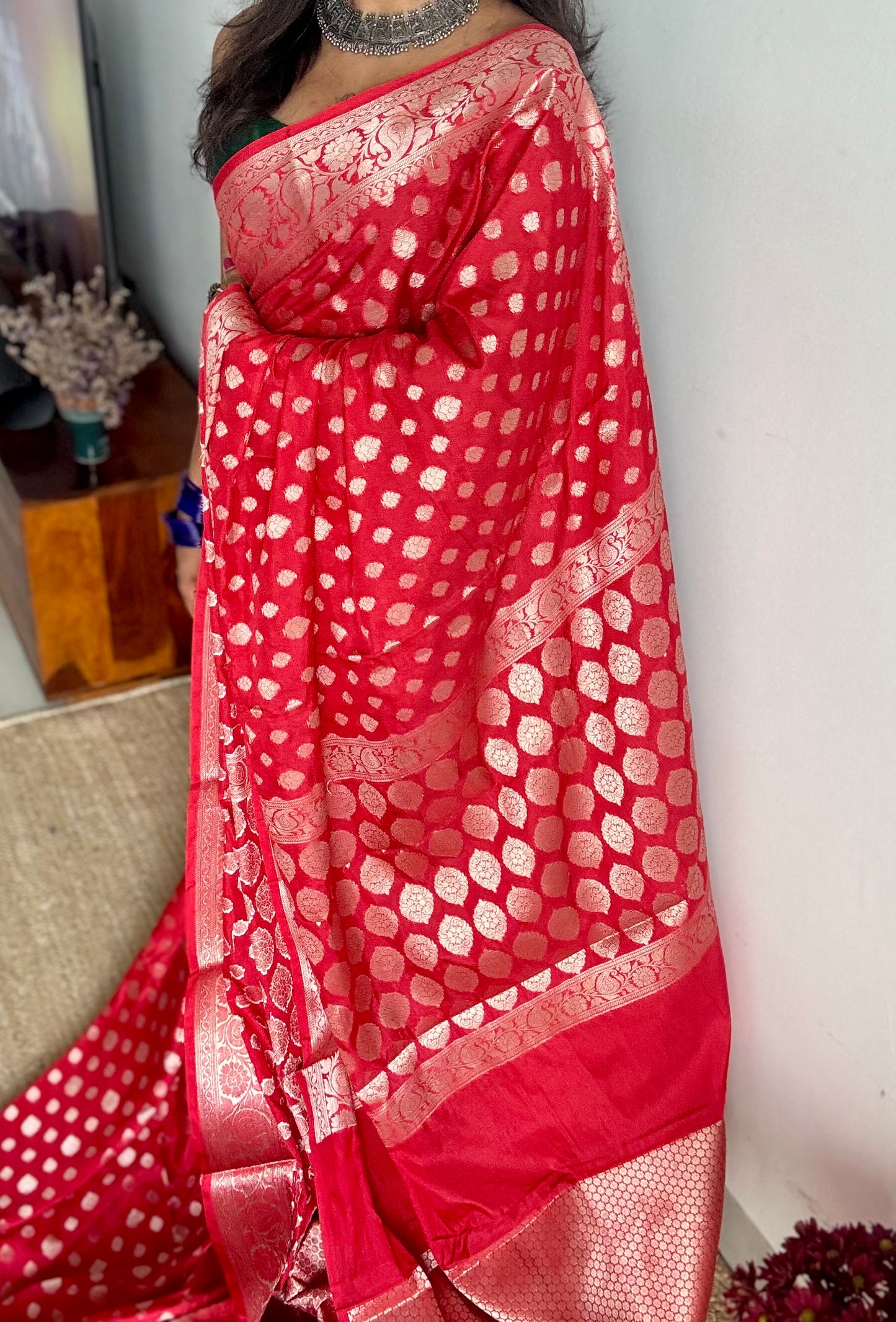 Chilli red, silver buttas and zari, Banarasi semi-silk - YCDESE37