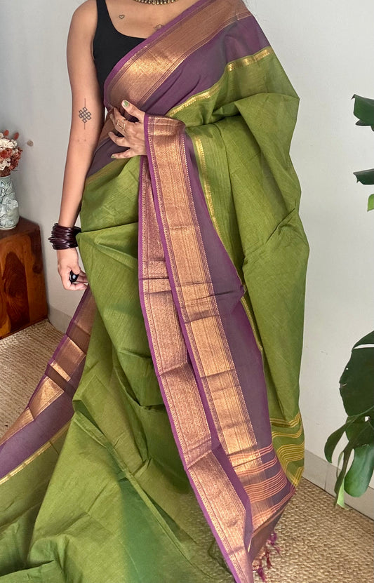 Green with wine gap zari border, kanchi cotton saree - YCCOTNCCOC113