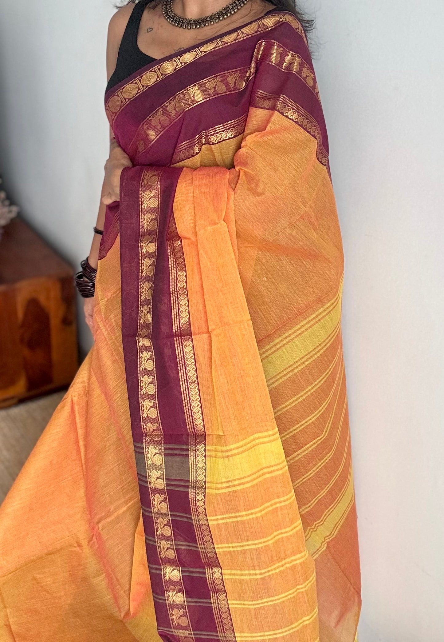 Light orange with maroon contrast border, chettinad cotton - YCCOTNOCCC02