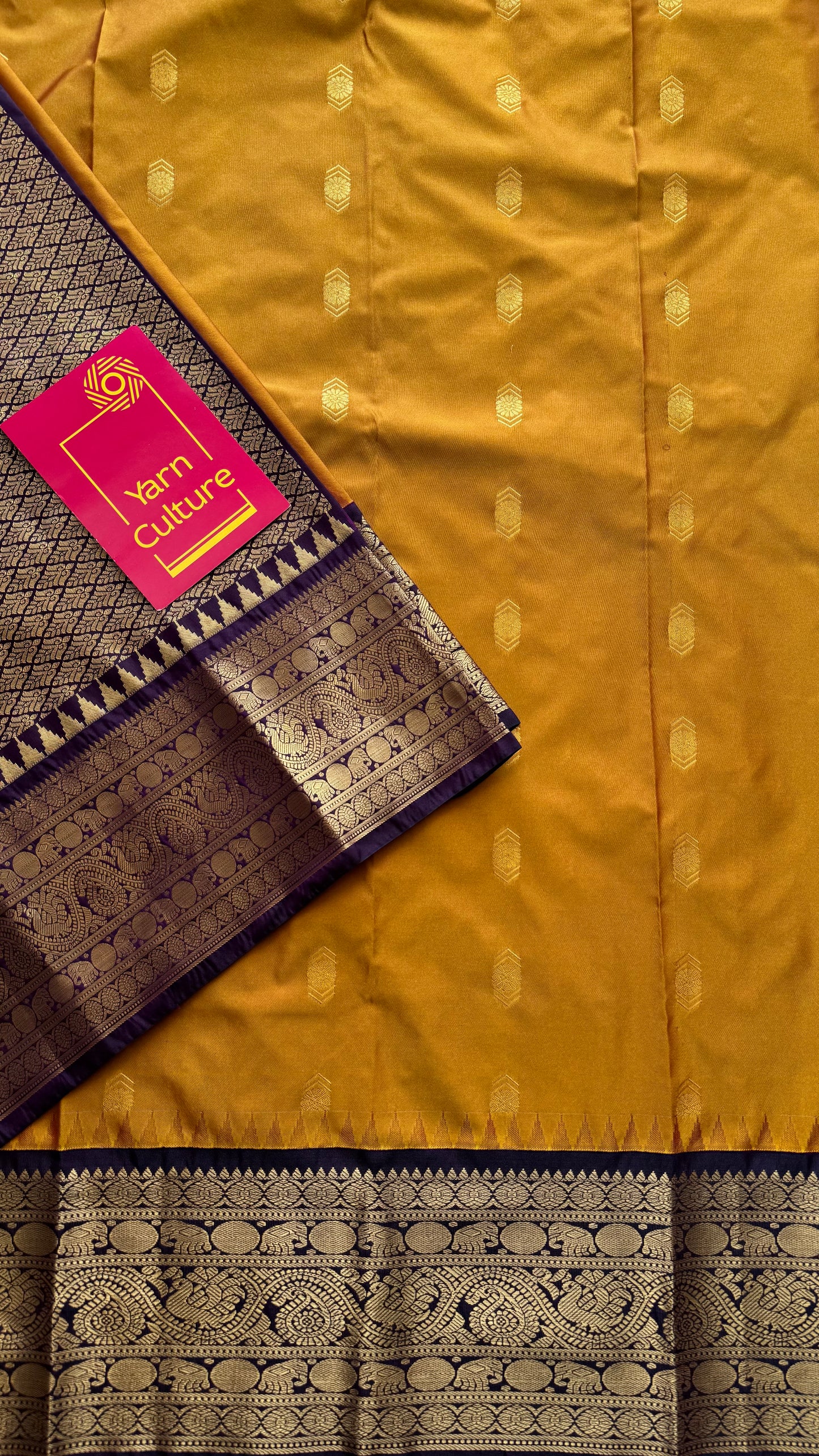 Vaidhi - mustard with deep purple, handloom korvai semi silk - YCCOTNFEJUKS02