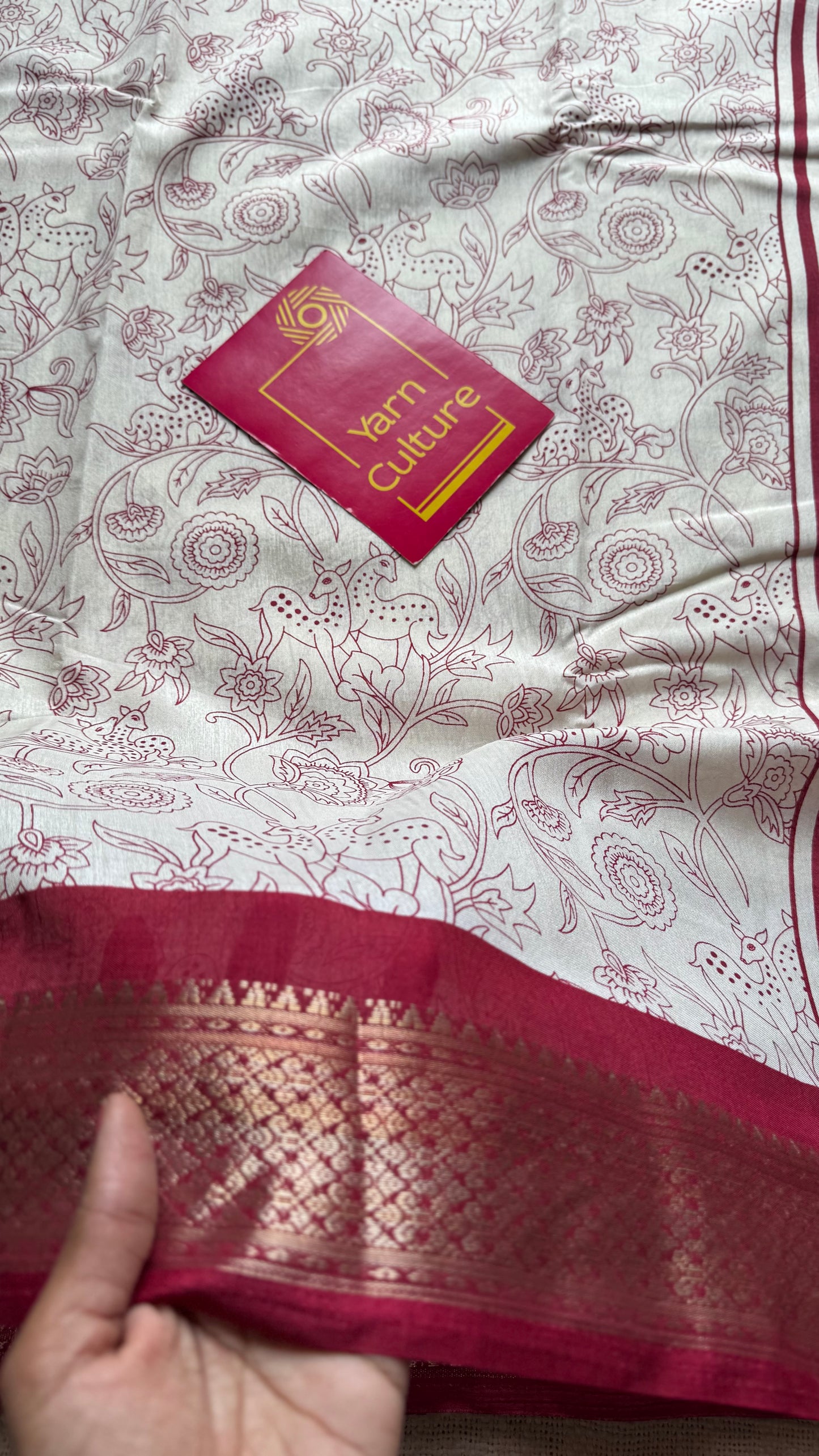White and red contrast, printed kalamkari, semi-tussar - YCWOTDSTK01