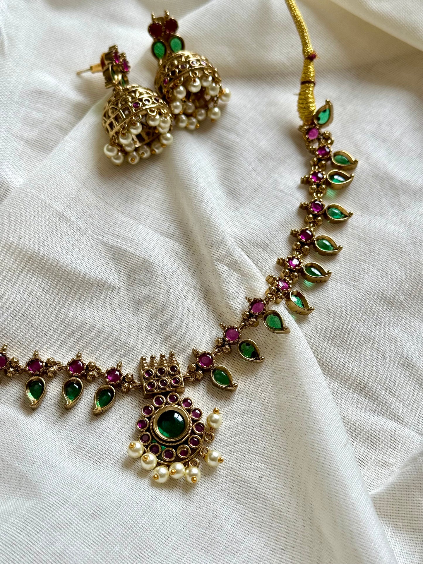 Green and dark pink palakka necklace with jhumka - YCAGC82