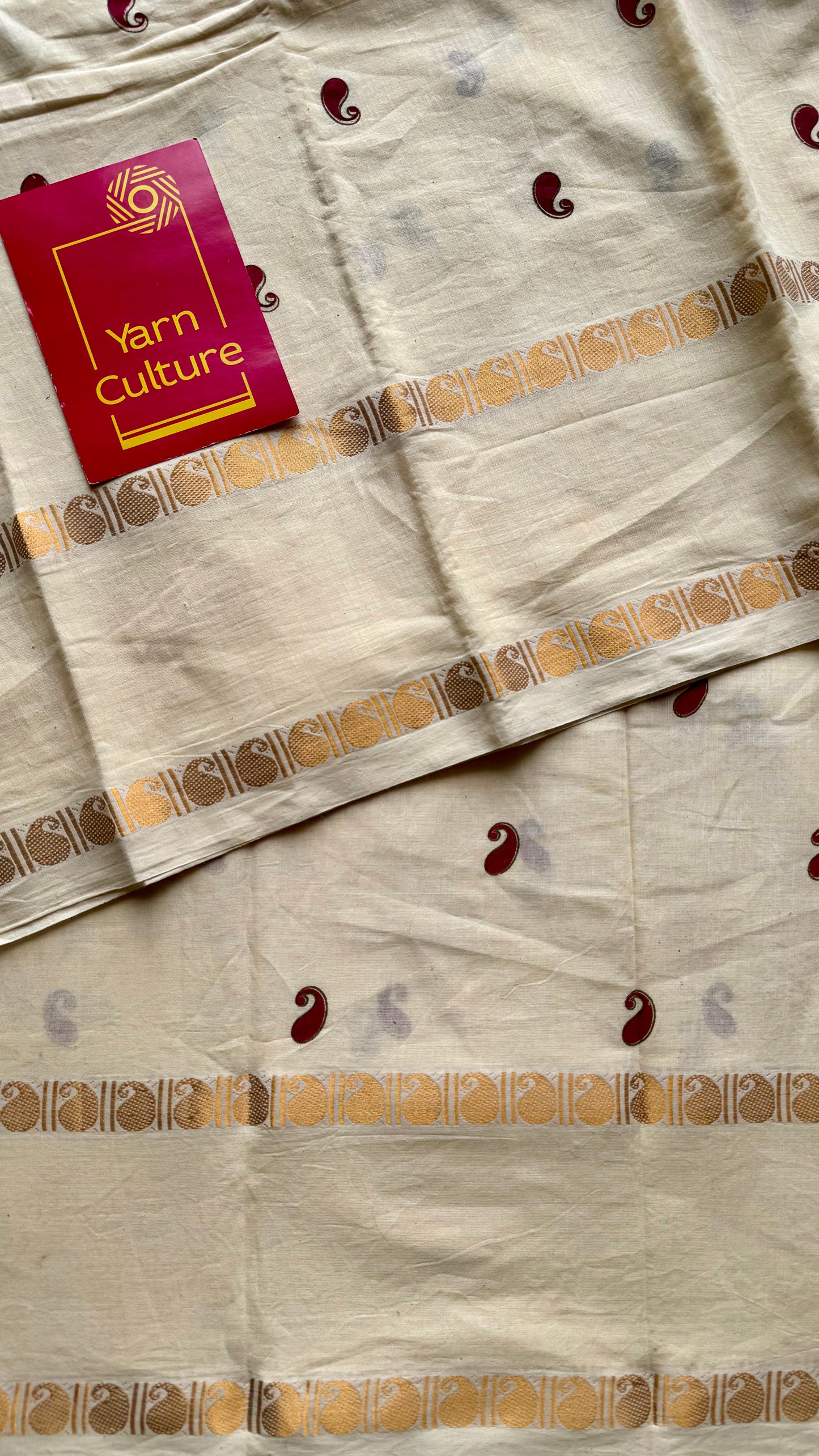 Ivory and Gold with paisley motif block printed buttas, zari border, soft Madurai cotton - YCON25MC268