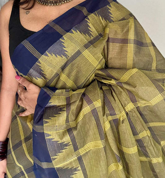 Chettinad cotton saree with olive green and navy checks, temple motif border - YCCOTNAP67