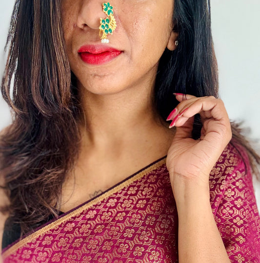 Gold plated, green floral pattern, clip on Maharashtrian nath - YCGPNC205